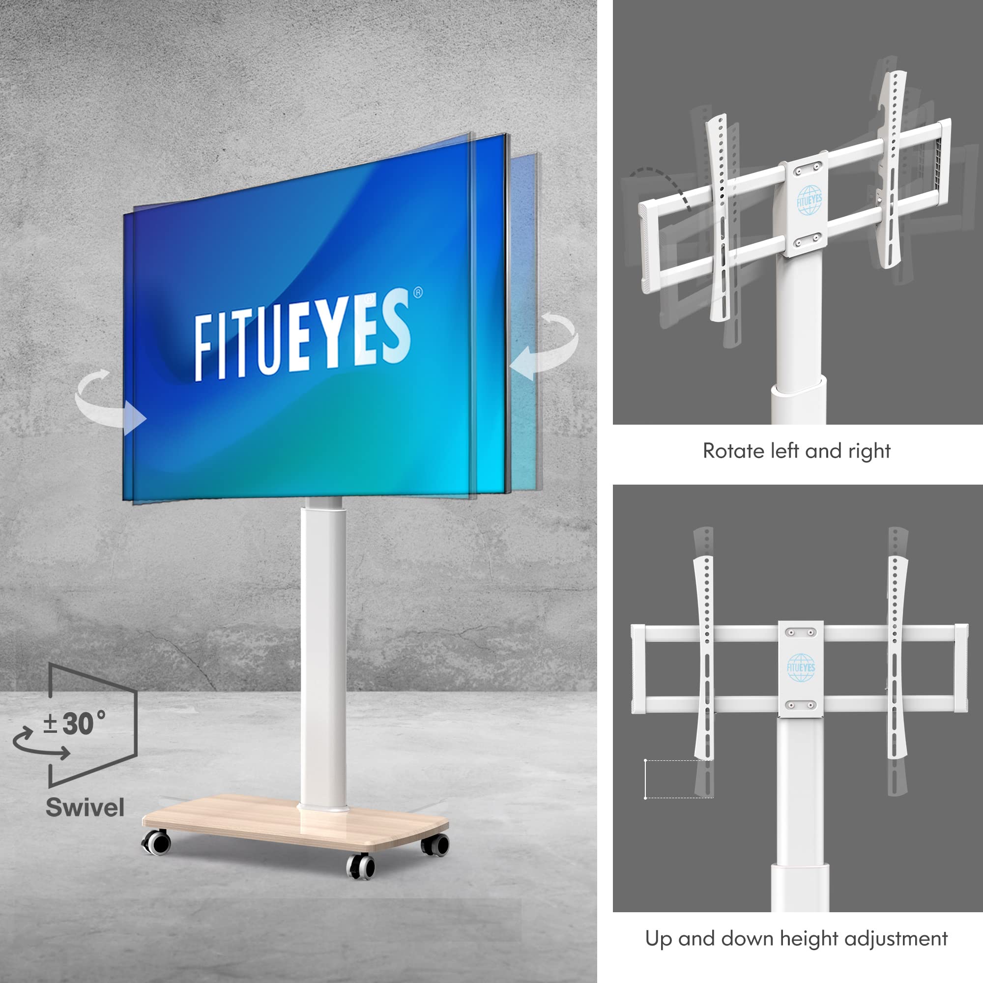 FITUEYES Adjustable Height Mobile TV Stand with Swivel Wheels & Wood Base - Universal for 32 to 65 Inch TVs (White) - Perfect for Living Room, Bedroom, or Office Entertainment Setup