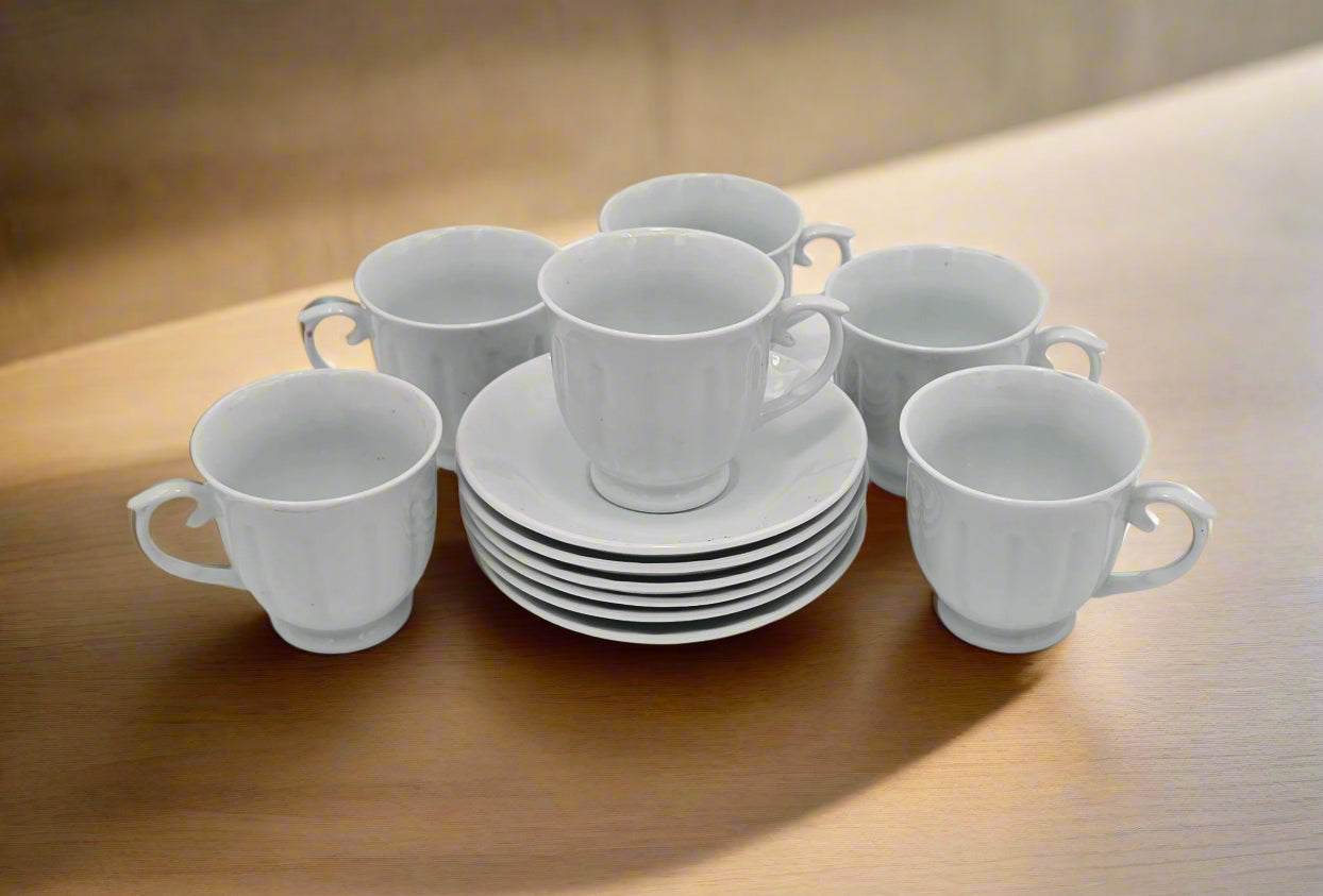 6-Piece White Coffee Set - Elegant Porcelain Cups & Saucers for Home, Office, or Restaurant Use