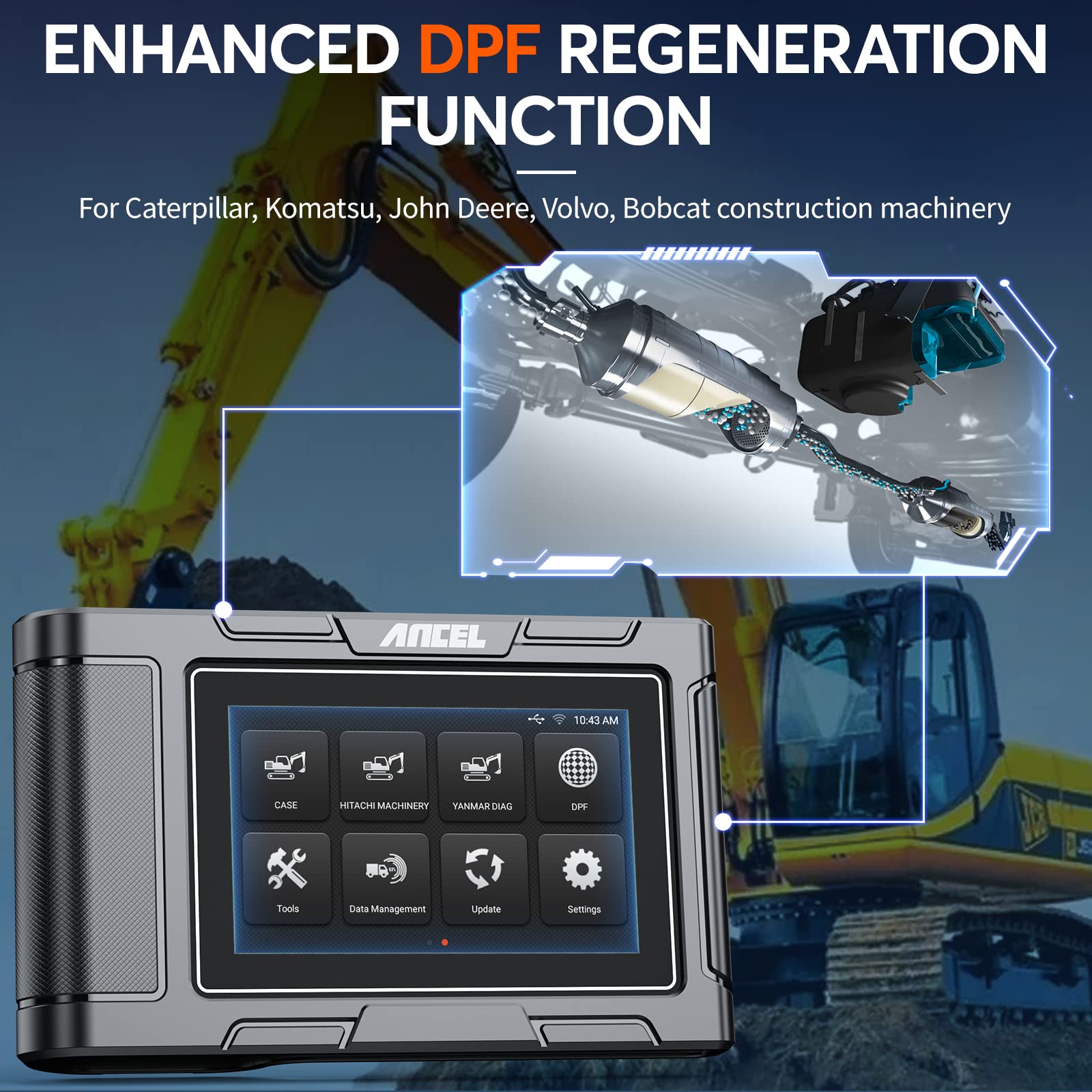 ANCEL HD3600 Heavy Duty Diesel Diagnostic Tool for Construction Machinery - Waterproof & Shockproof with Large EVA Protective Storage Case | Ideal for Excavators, Bulldozers & Heavy Equipment Maintenance