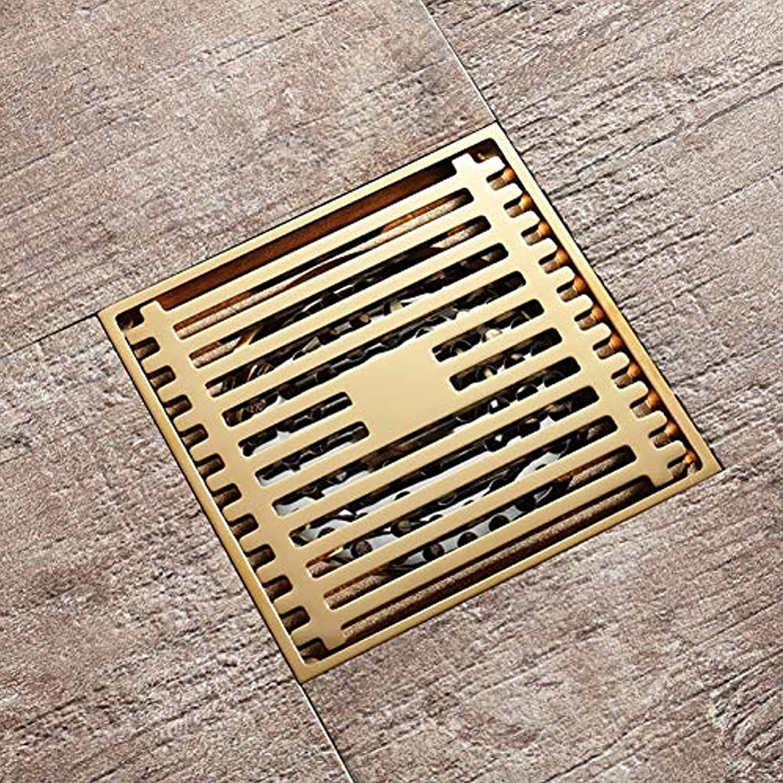 4 Inch Square Brass Shower Drain in Champagne Gold - Bathroom Floor Drain with Removable Cover & Odor Prevention - Perfect for Modern Bathrooms, Walk-in Showers & Wet Rooms