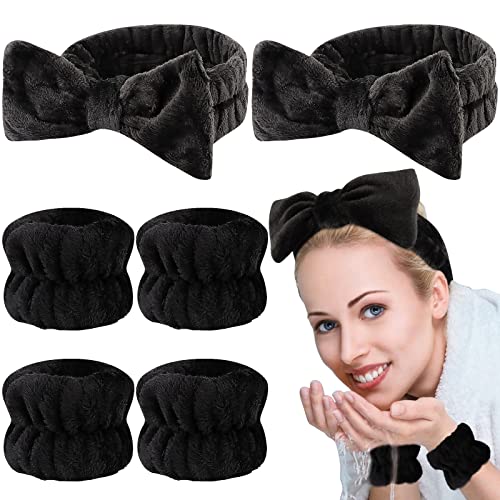 Casoty 6-Piece Black Spa Headband & Wristband Set - Soft Microfiber Face Wash Headbands with Wristbands for Skincare, Makeup & Hair Care - Perfect for Spa Days, Facial Cleansing & Beauty Routines