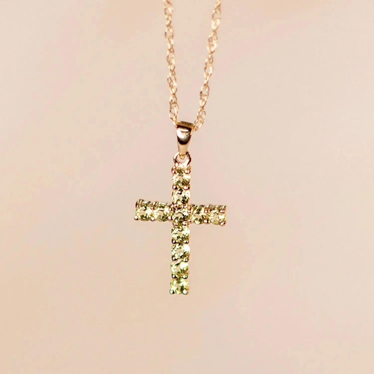 14K Solid Gold Peridot Cross Pendant Necklace for Women - Perfect Gift for Baptism, Confirmation & Everyday Elegance
