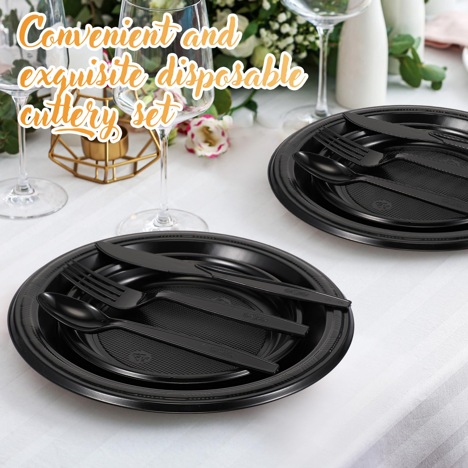 Yaomiao 360-Piece Black Disposable Plastic Dinnerware Set - 50 Dinner Plates, 50 Salad Plates, 50 Cups, 50 Forks, 50 Knives, 50 Spoons & 60 Napkins - Perfect for Birthday Parties, Weddings, Anniversaries & Large Gatherings - Serve 50 Guests with Elegant Tableware