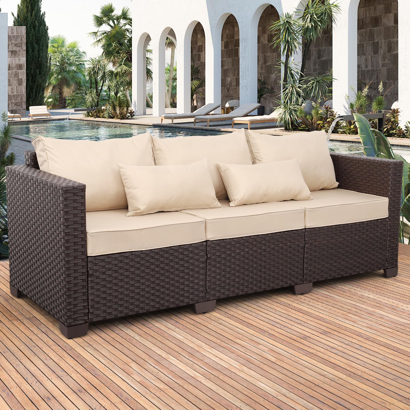 3-Seater Outdoor Patio Sofa - Brown Wicker Deep Seat Couch with High Backrest, Anti-Slip Cushions & Waterproof Cover - Perfect for Garden, Poolside or Backyard Relaxation (Khaki)