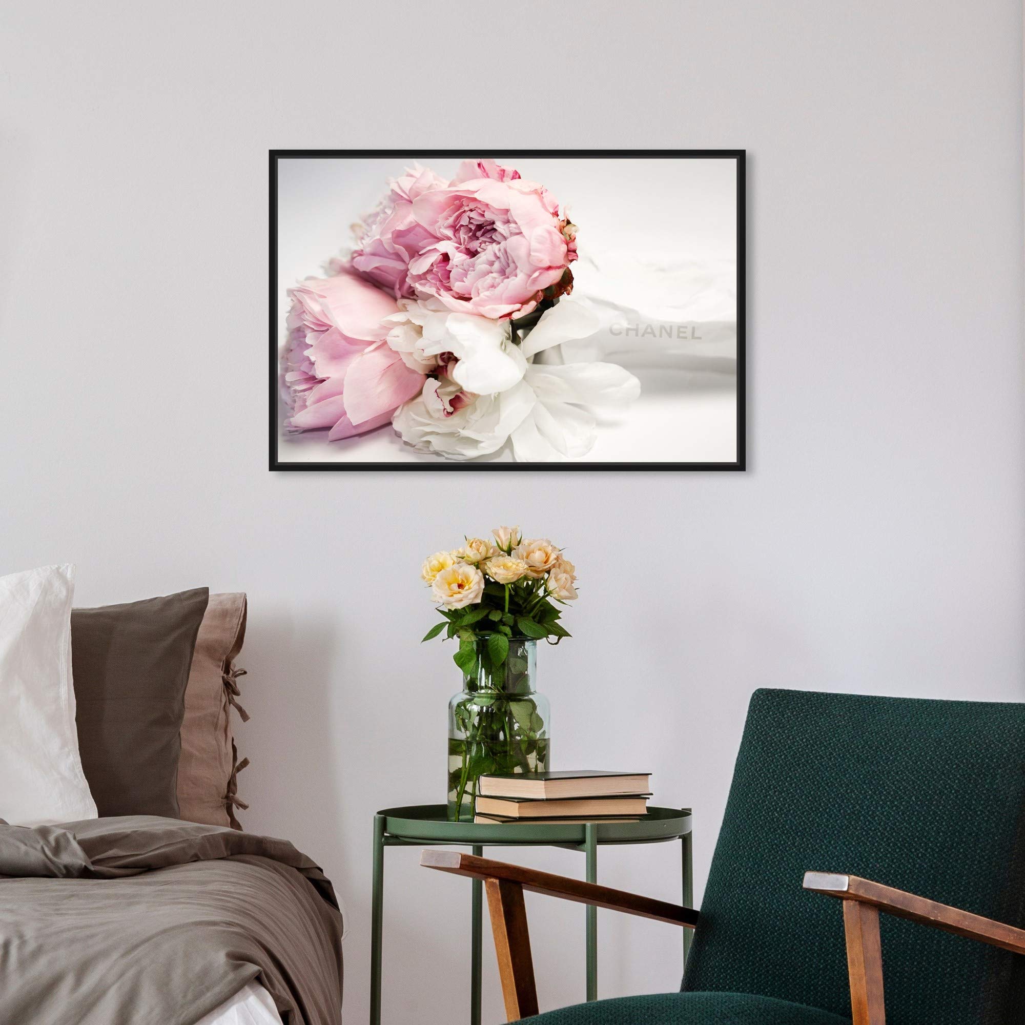 Oliver Gal Peonies and Magnolia Love Canvas Wall Art Print - 24x16 Inches Black Floater Frame - Modern Floral Painting for Living Room, Bedroom, Bathroom Decor - Perfect Gift for Housewarming & Wedding