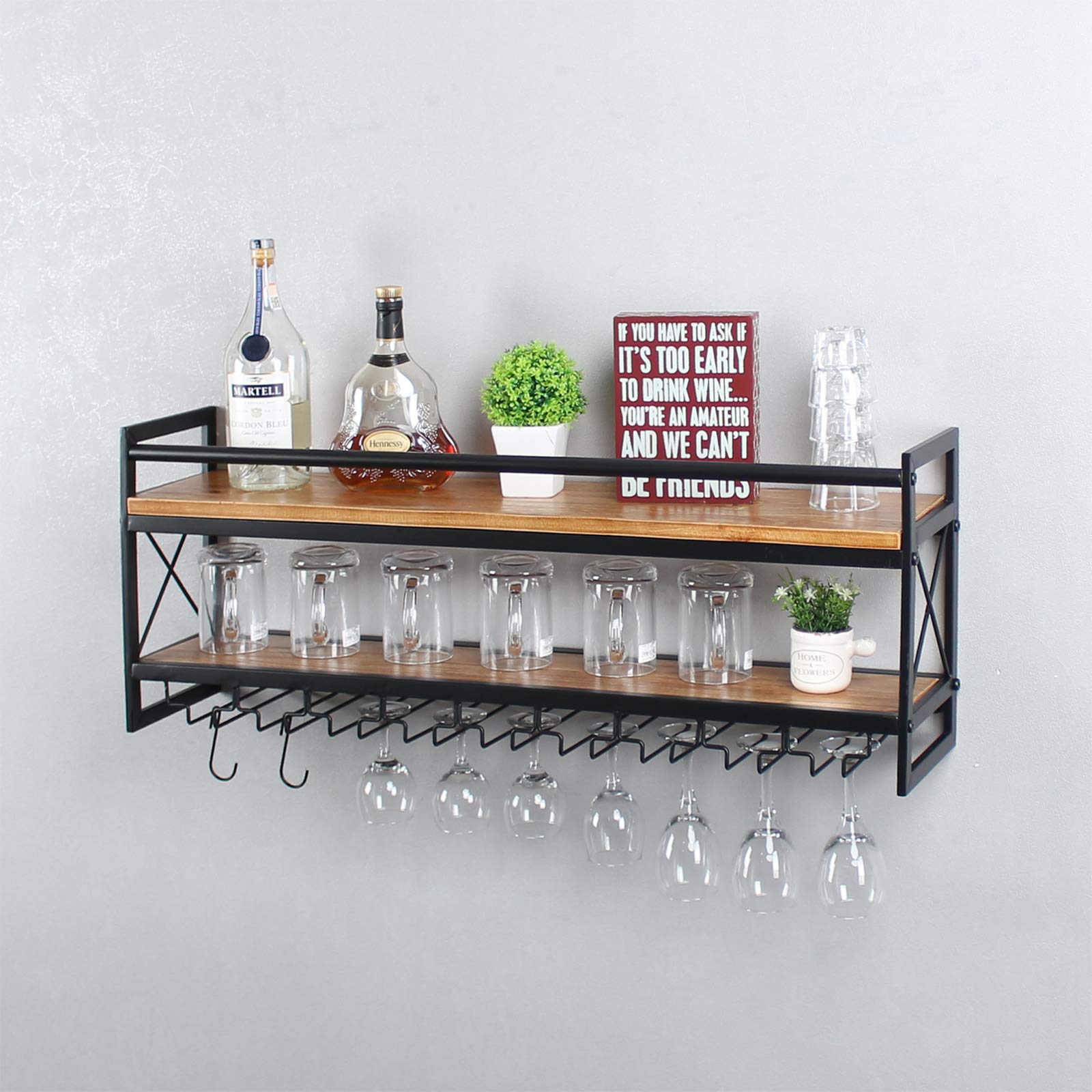 Industrial 2-Tier Wood Wine Rack Wall Mounted - 36