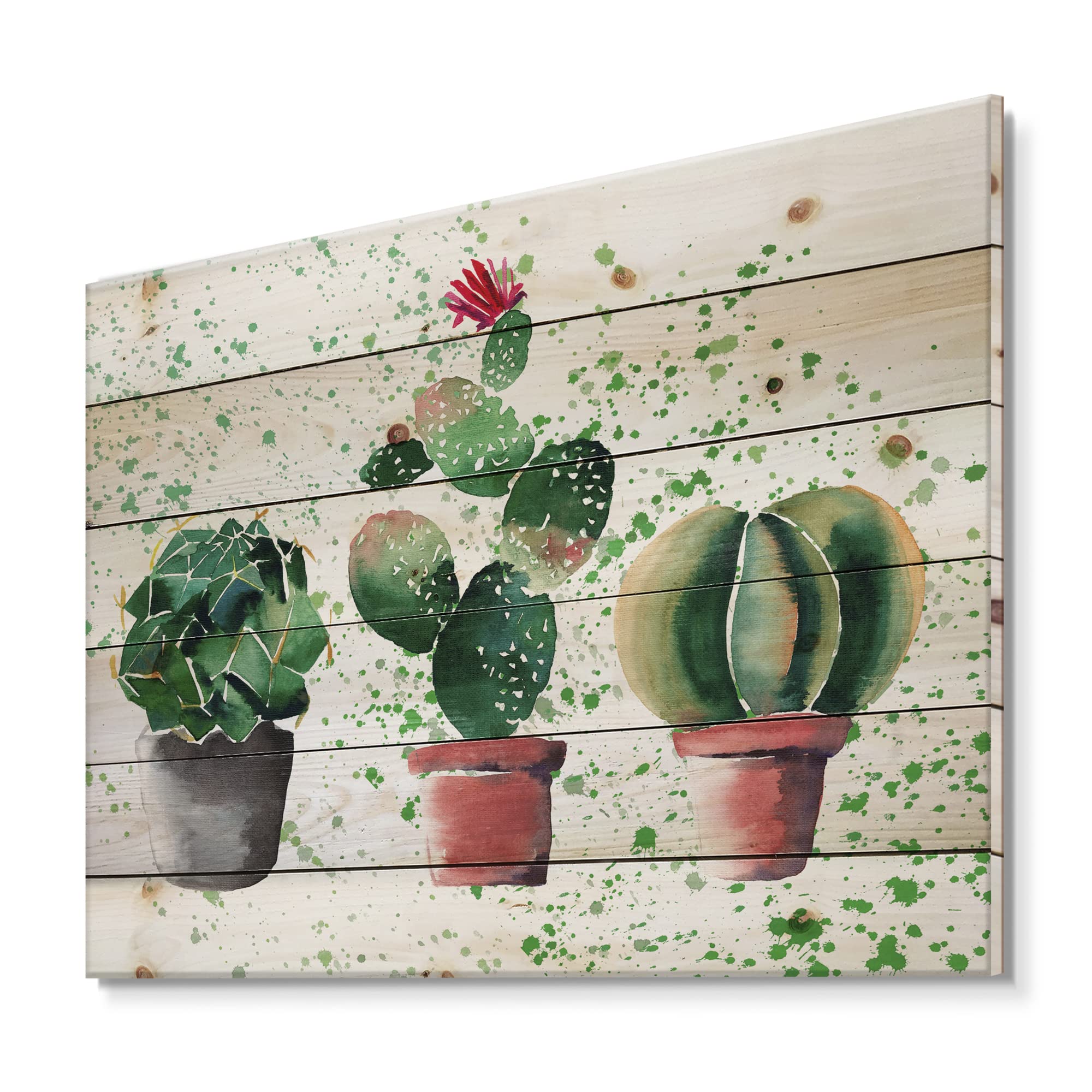DesignQ Three Cacti In Clay Pots - Botanical Print on Natural Pine Wood Wall Art | Home & Office Decor | Perfect for Living Room, Bedroom or Workspace