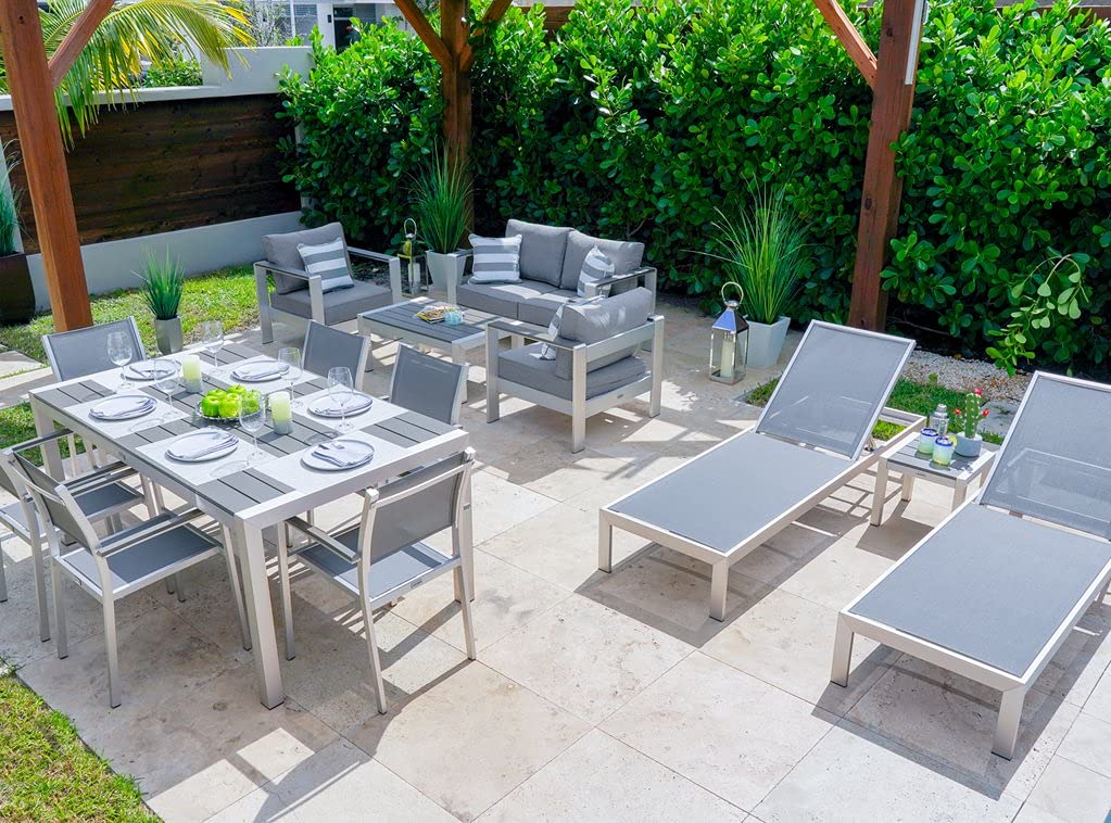 Belvedere 14-Piece Brushed Aluminum Patio Furniture Set - Outdoor Loveseat, 6-Seat Dining Table & Chaise Lounge - Durable Weather-Resistant Garden Set for Backyard, Poolside & Terrace Relaxation