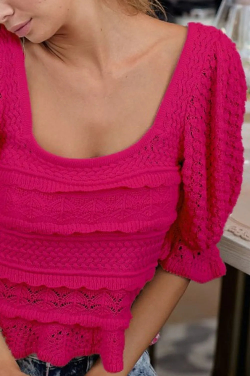 BiBi Square Neckline Puff Sleeve Crochet Top Women's Summer Boho Blouse - Perfect for Beach Vacations, Music Festivals & Date Nights