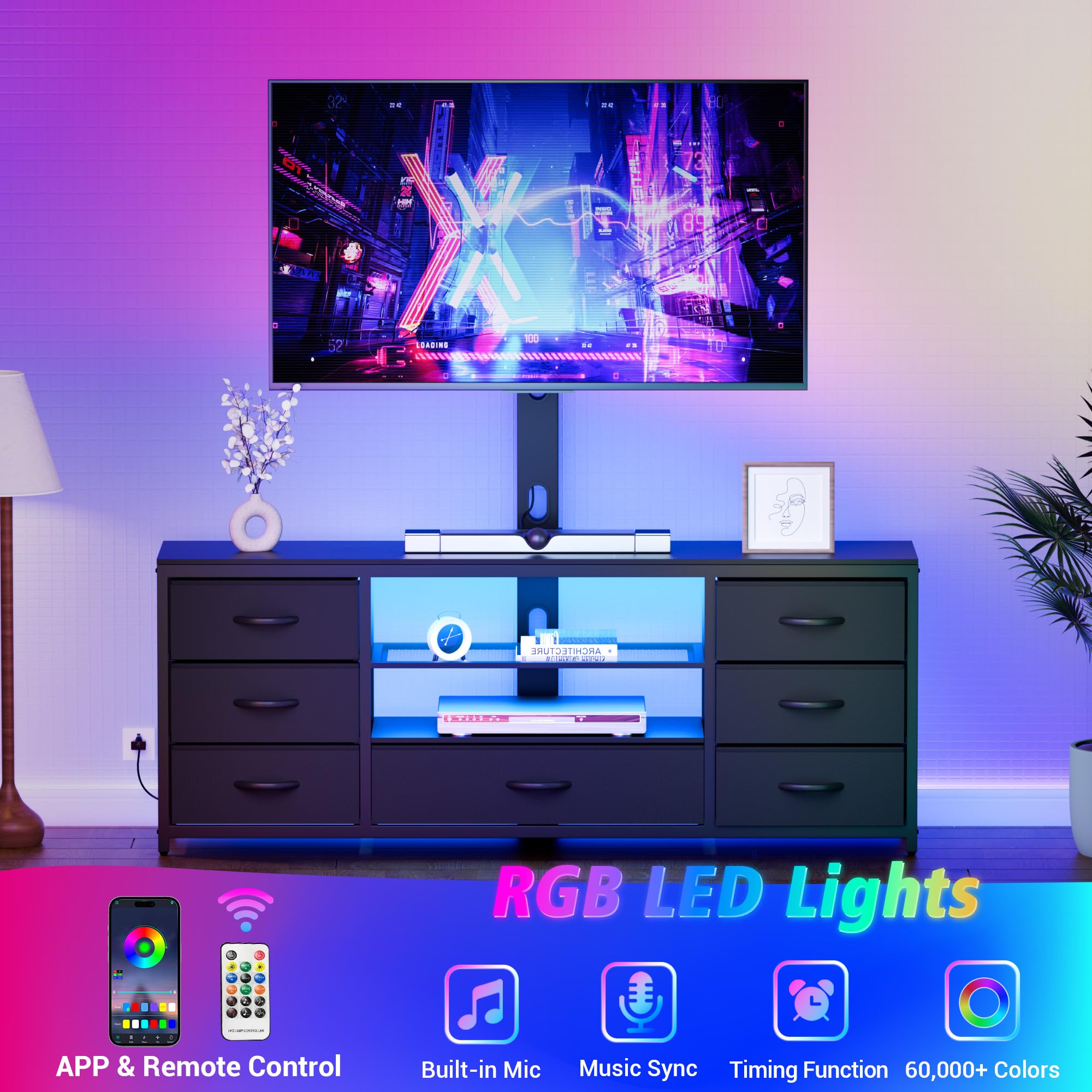 TV Stand with Mount & 7 Fabric Drawers - LED Entertainment Center with Power Outlets for 32-70 Inch TVs - Black Media Console with Open Shelves - Perfect for Living Room & Bedroom - Ideal for Gaming, Movie Nights & Home Entertainment