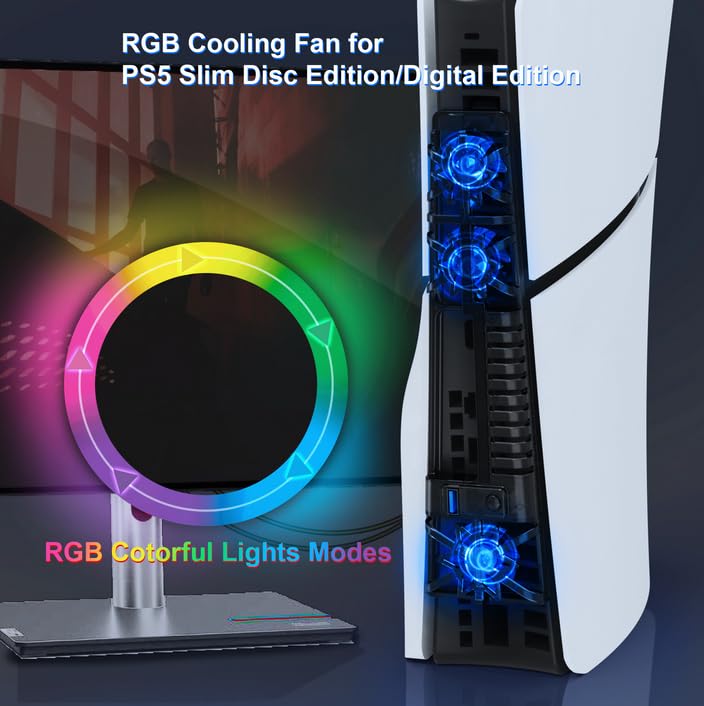 PS5 Cooling Fan with LED Light - Adjustable 3-Speed Silent Cooling System for PlayStation 5 Slim (Disc & Digital Edition) - Perfect for Gaming Marathons & Hot Summer Days (White)