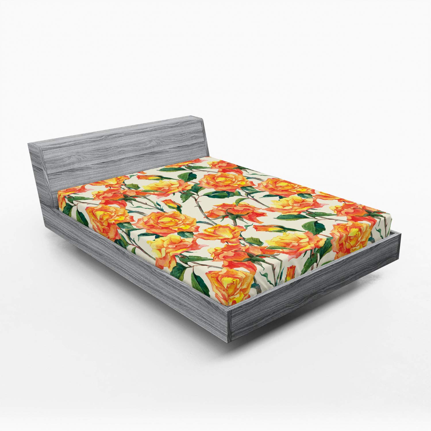Ambesonne Vintage Rose Fitted Sheet - Queen Size Floral Bedding with Deep Pocket Elastic, Cream Orange Green Design | Perfect for Guest Rooms, Master Bedrooms & Cozy Cottage Decor
