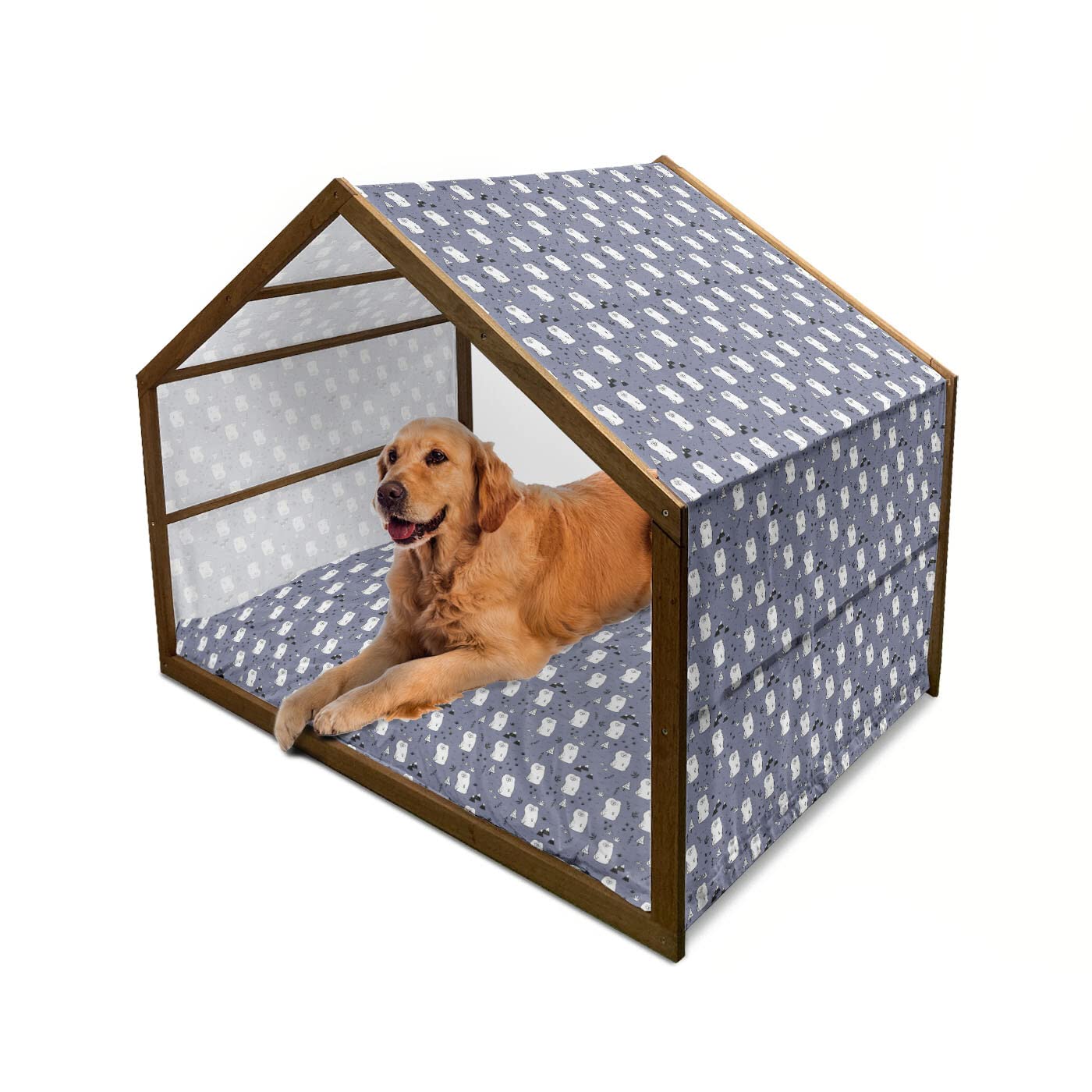 Ambesonne Polar Bear Wooden Dog House - XL Indoor & Outdoor Portable Pet Kennel with Pillow & Cover, Blue White Cartoon Bear Mountain Forest Design - Perfect for Backyard, Patio, or Living Room Use