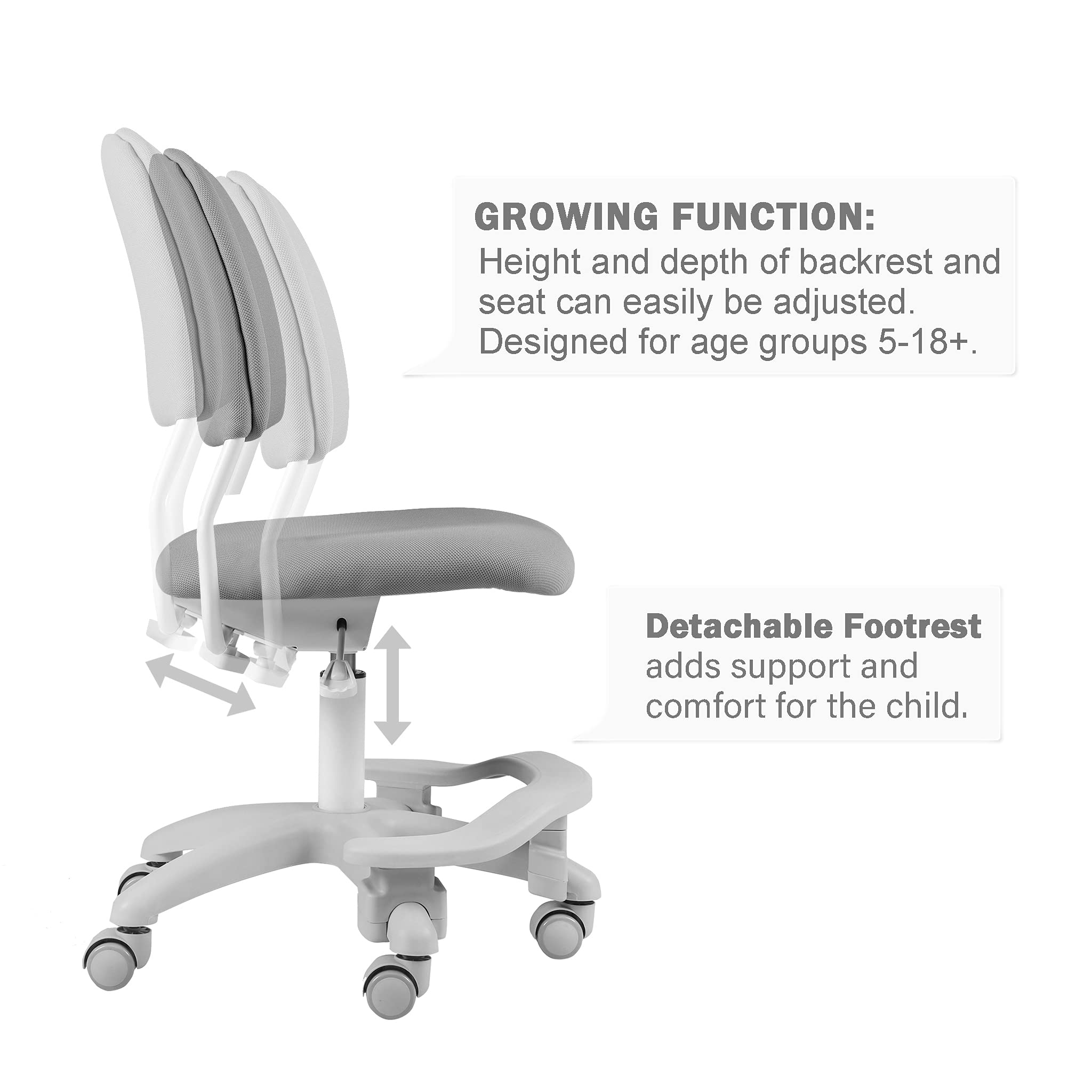 Ergonomic Kids Desk Chair - Adjustable Height & Seat Depth with Detachable Footrest & Lumbar Support - Grey Study Chair for Children's Bedroom, Homeschool & Online Learning (Includes Chair Slipcovers)