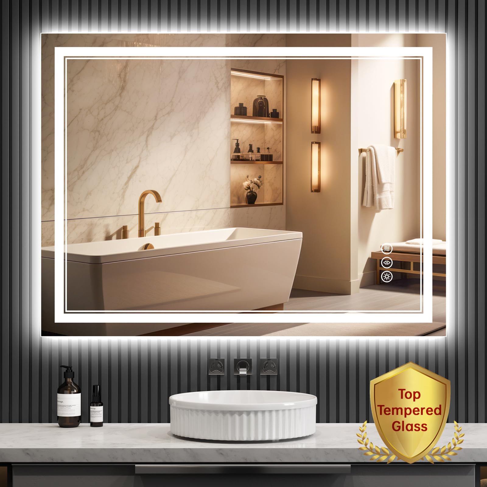 Upgraded 48x36 Inch LED Bathroom Mirror with Front & Backlit - Anti-Fog, Dimmable, Rotatable Vanity Mirror with Acrylic Side & Tempered Glass for Modern Bathrooms - Perfect for Makeup, Shaving & Home Decor