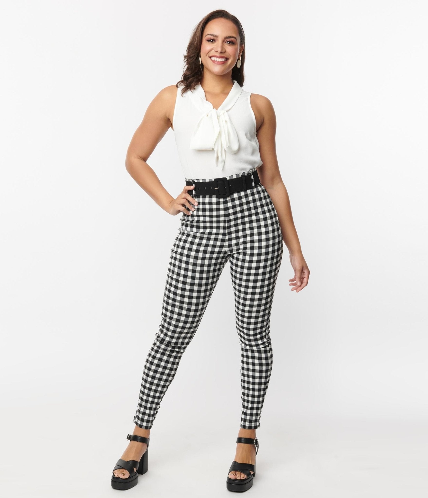 Vintage Black & White Gingham Belted Rizzo Pants for Women - Retro High Waisted Trousers with Adjustable Belt - Perfect for 1950s Style, Rockabilly Outfits & Pinup Fashion