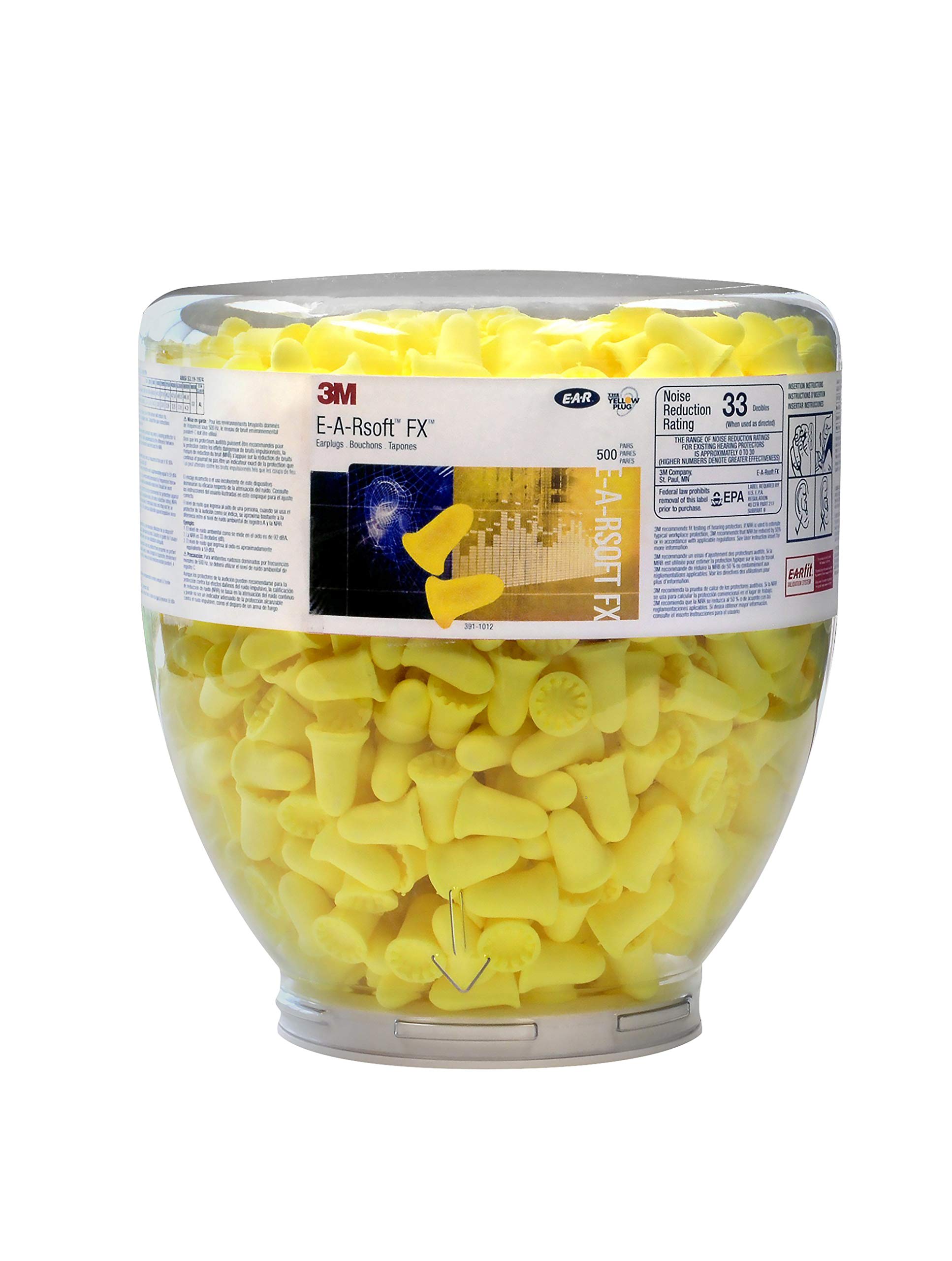 3M E-A-Rsoft FX 391-1012 Uncorded Disposable Foam Earplugs - 500 Pair Refill Bottle for One Touch Dispenser - NRR 33 Noise Reduction - Ideal for Drilling, Grinding, Machining, Sawing, Welding & Loud Work Environments