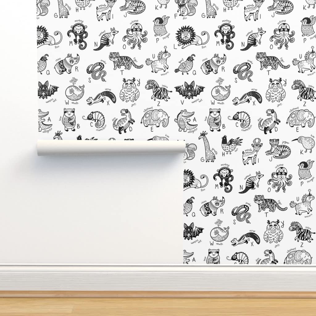 Peel & Stick Removable Wallpaper - Animal Alphabet ABCs for Kids' Room, Nursery & Classroom | Educational Black & White Custom Wall Decal by Spoonflower | Perfect for Playrooms, Learning Spaces & DIY Home Decor