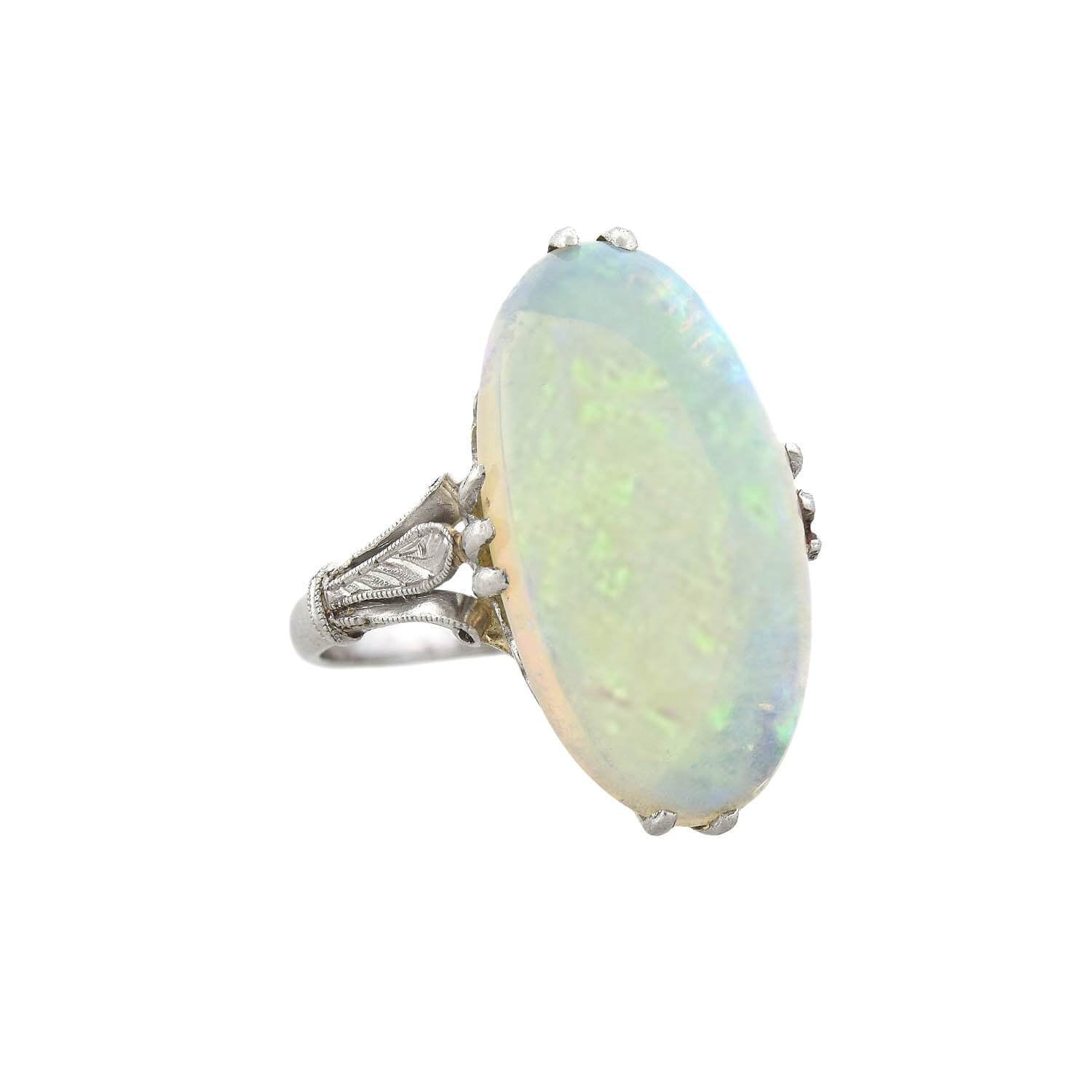 Art Deco Platinum Welo Opal Ring 7.25ctw - Vintage Style Jewelry for Women, Engagement & Wedding Gift, Special Occasion Luxury Statement Piece