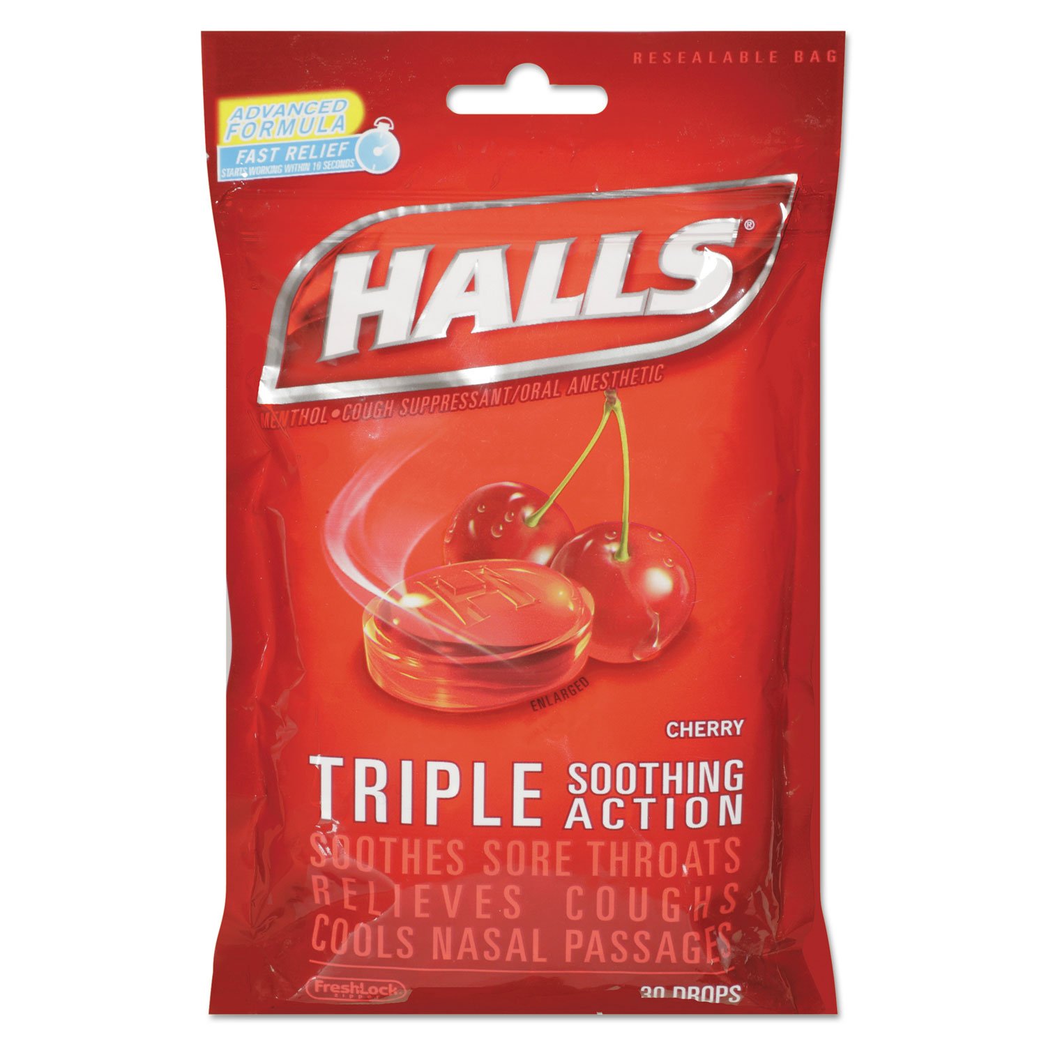 Halls 27499 Triple Action Cough Drops - Cherry Flavor (30 Count Bag) | Soothes Sore Throat & Cough Relief | Perfect for Cold, Flu & Allergy Season at Home, Work or Travel