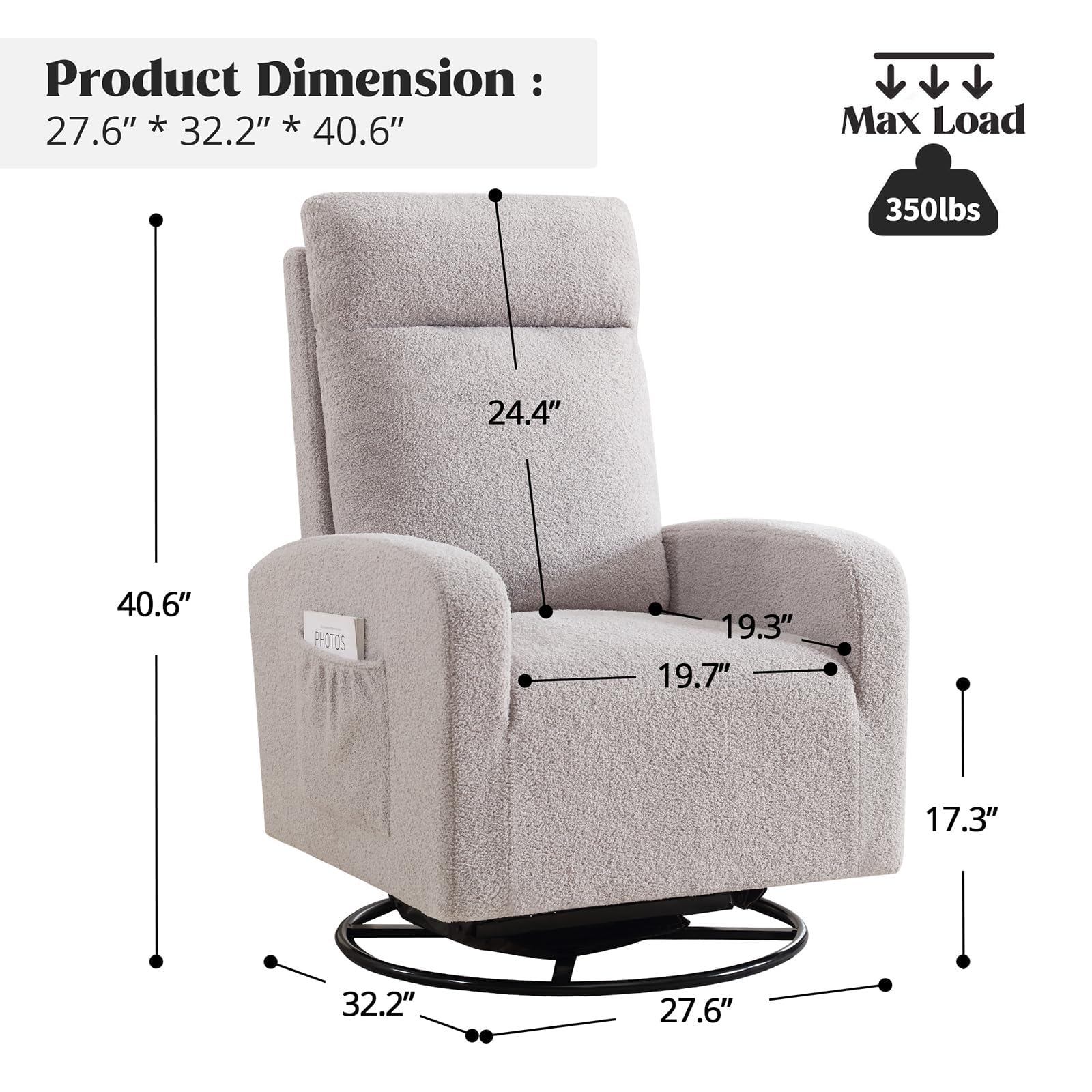 360° Swivel Glider Rocking Chair for Nursery - High Back Upholstered Nursing Chair with Side Pocket | Comfortable Rocker Recliner for Adults in Living Room, Bedroom & Reading Nook (Teddy Grey) - Perfect for Breastfeeding, Relaxing and Nursery Decor