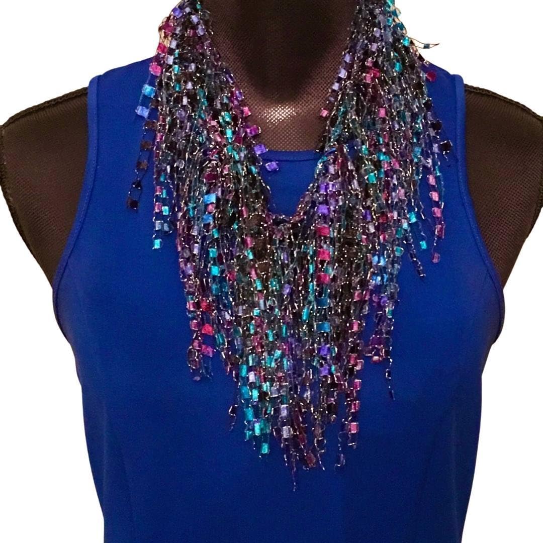 Elegant Turquoise & Purple Scarf Necklace for Women - Handmade Lightweight Fringe Fashion Accessory - Perfect for Travel, Parties & Dressy Occasions - TA
