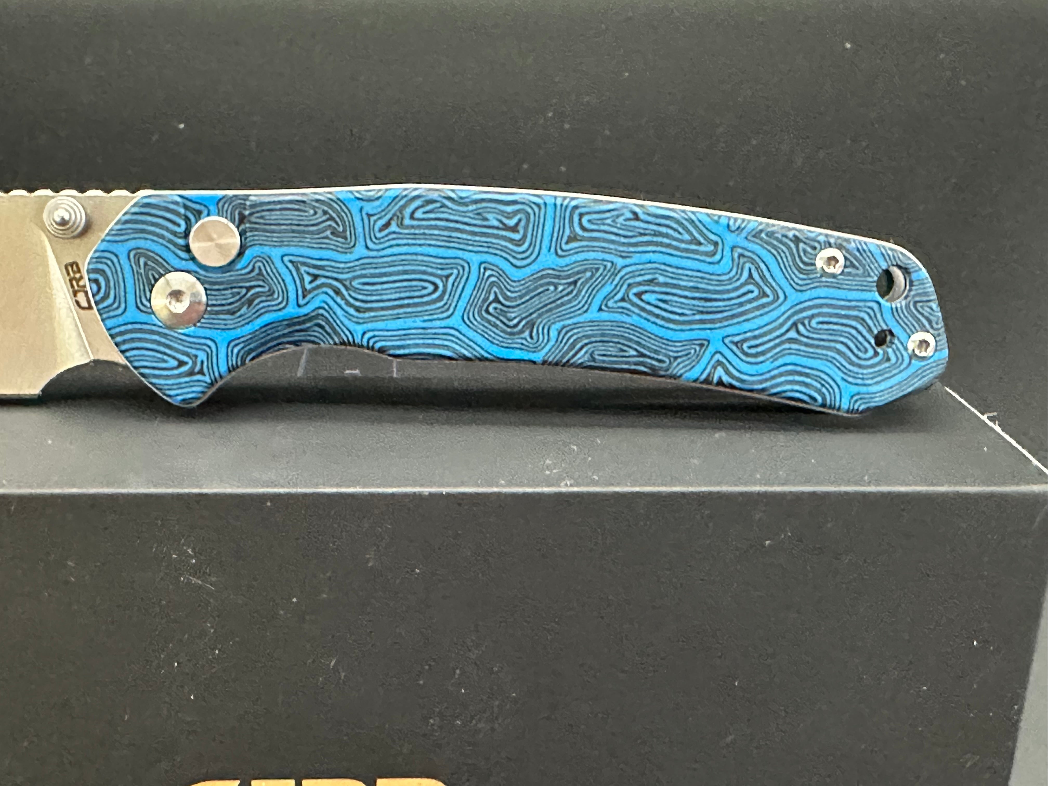 CJRB Pyrite Folding Knife - Black & Blue Damascus Steel EDC Pocket Knife for Outdoor Camping, Hiking, and Everyday Carry