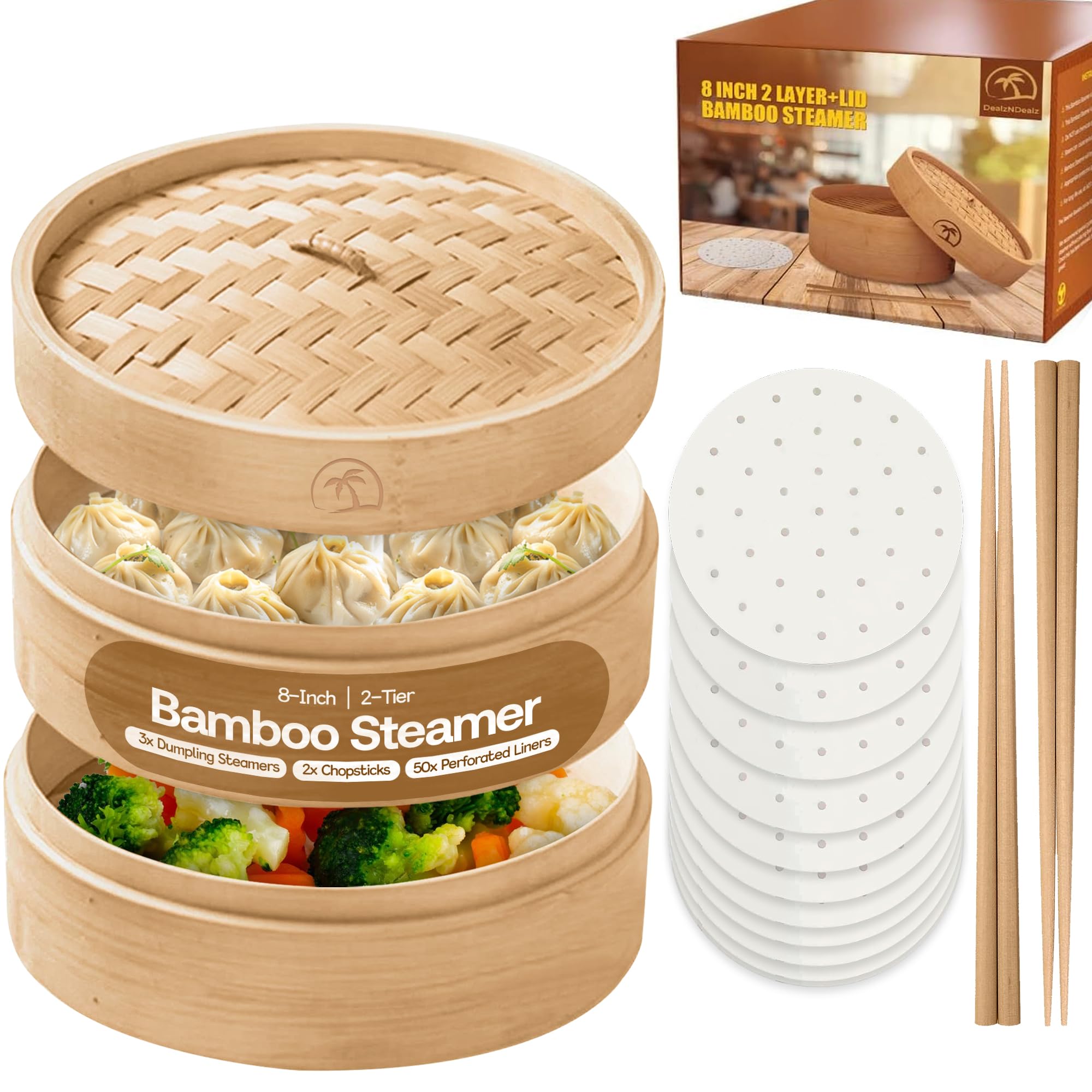 2-Tier 8-Inch Bamboo Steamer Basket Set with Lid - 3-Piece Dumpling Steamer, 2 Chopsticks & 50 Perforated Liners - Natural Bamboo Cookware for Asian Cuisine, Dim Sum, Dumplings, Vegetables & Rice - Perfect for Home Cooking, Restaurants & Meal Prep