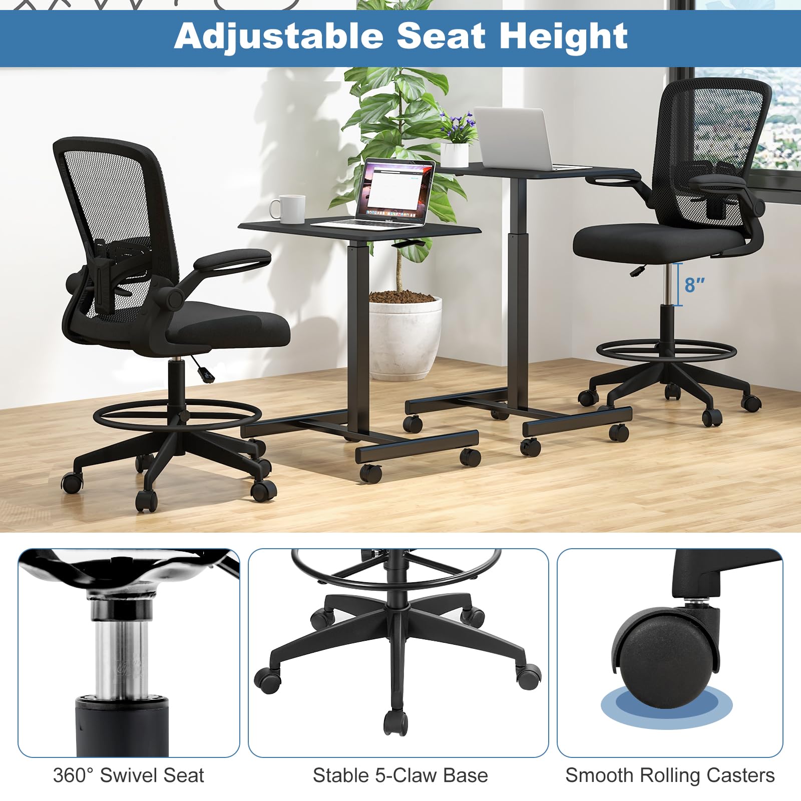 HAPPYGRILL Adjustable Height Drafting Chair with Armrests, Footrest & Lumbar Support - Ergonomic Standing Desk Chair for Home Office, Computer Work & Creative Studios (Black)