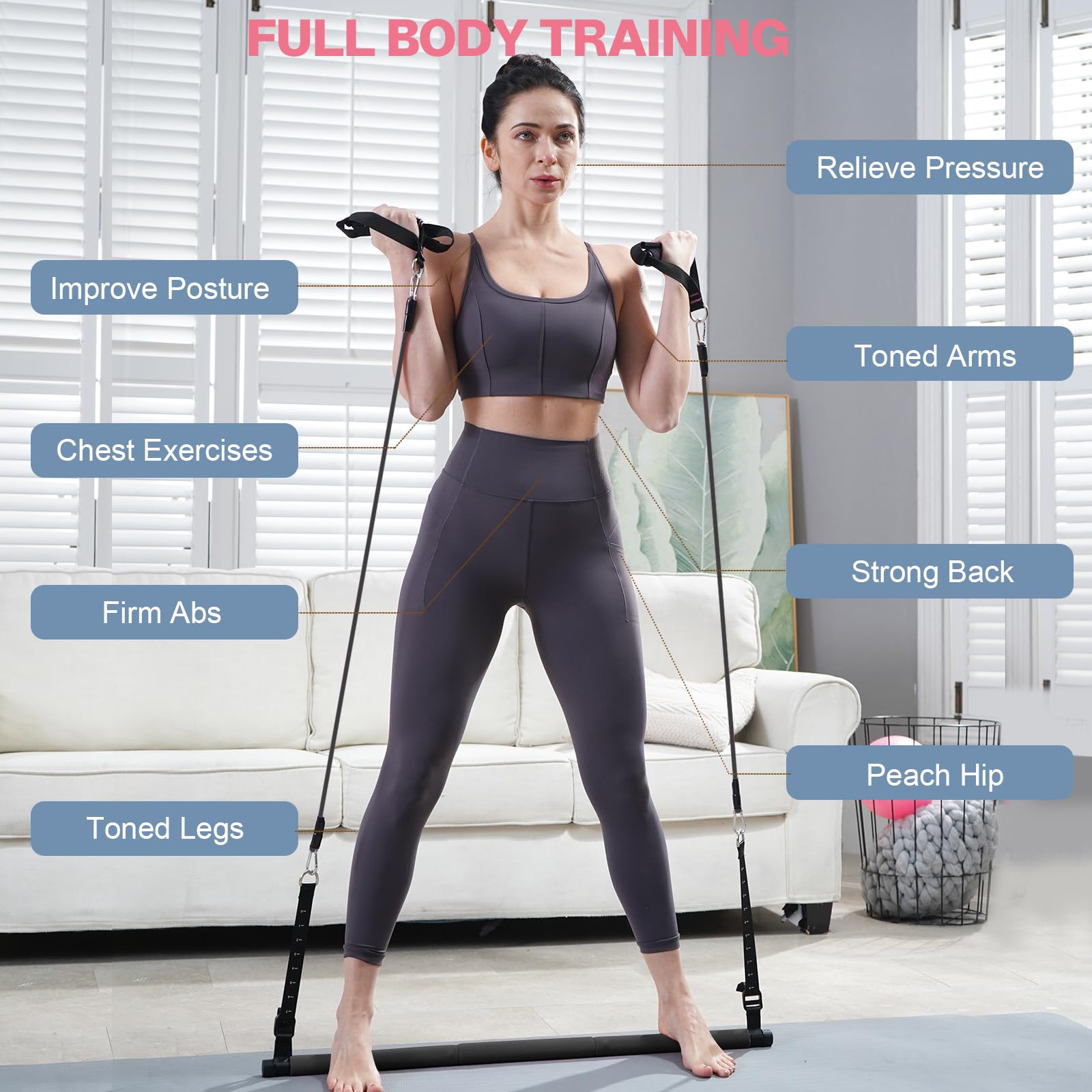 Premium Pilates Bar Kit with 5 Resistance Bands - Adjustable Home Workout Equipment for Women | Yoga, Stretching & Strength Training | Portable Gym Accessories for Home, Office & Travel