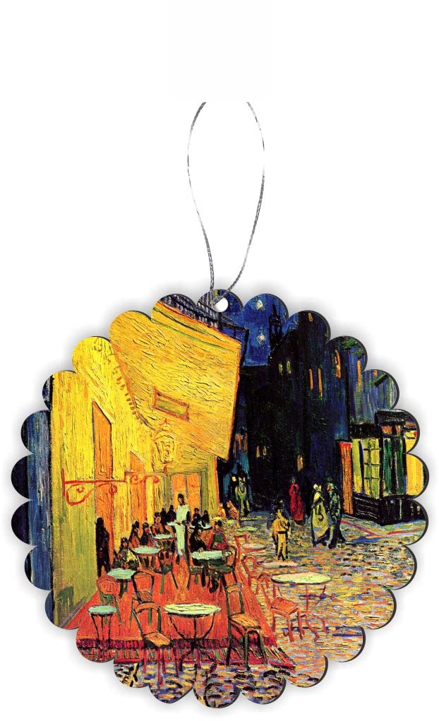 Van Gogh The Café Terrace Art Round Scallop Car Mirror Hanging Decor - Vintage Style Rearview Mirror Charm - Perfect for Car Interior, Home Decor & Christmas Tree Ornament