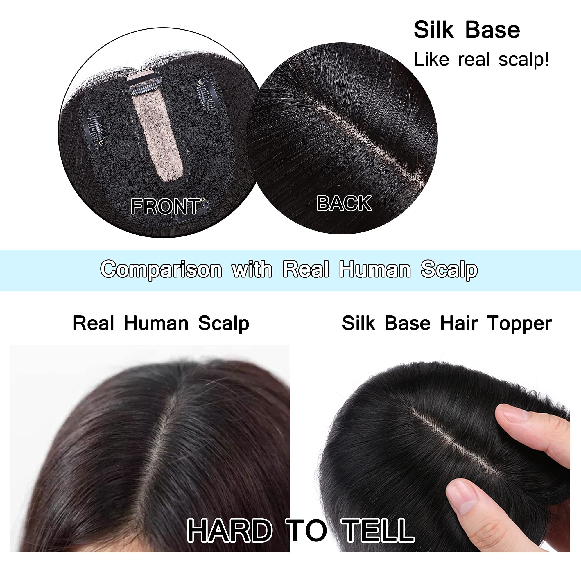 SEGO Real Human Hair Toppers for Women - No Bangs, 130% Density, 10x12cm Silk Base, 100% Remy Human Hair Clip-in Top Wiglet for Thinning Hair (12 Inch, Jet Black) - Perfect for Daily Wear, Special Occasions & Hair Loss Solutions