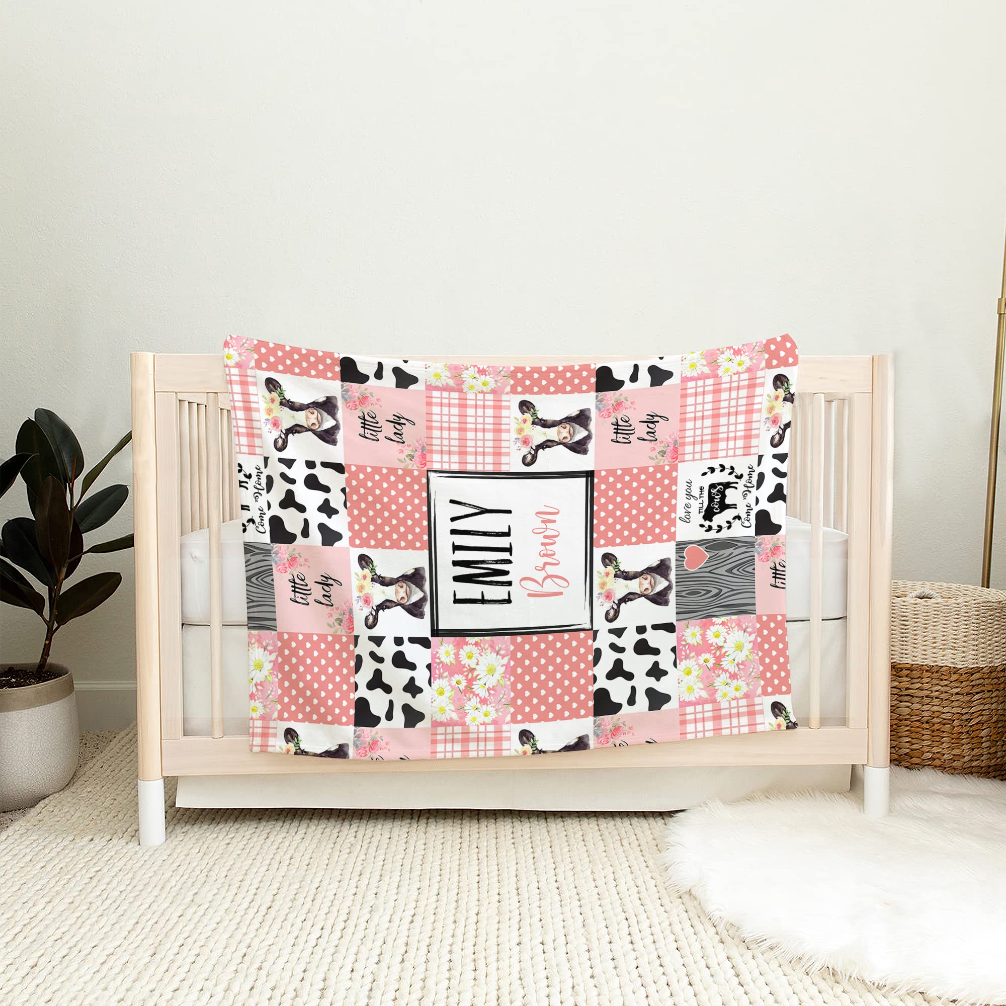 Personalized Cow Print Fleece Blanket - Soft Woodland Nursery Blanket with Animal Head Design, Safari Theme Baby Receiving Blanket for Girls & Boys - Perfect for Nursery Decor, Baby Shower Gifts & Cozy Bedtime Snuggles
