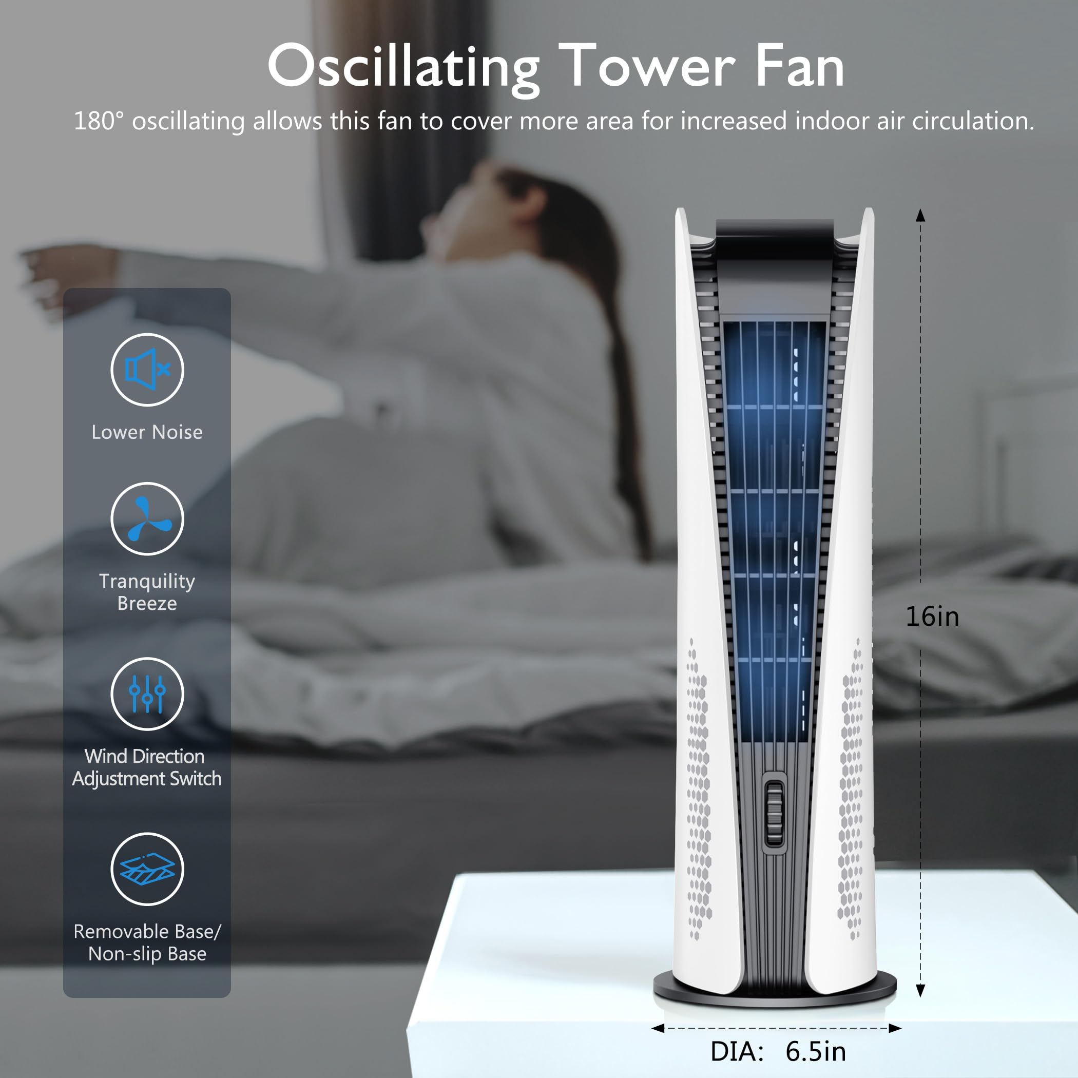 Quiet 90° Oscillating Bladeless Tower Fan with 3 Speeds, Timer & LED Display - Rechargeable Portable Floor Fan for Bedroom, Home Office | Cooling Breeze for Night Sleep & Workspace Comfort
