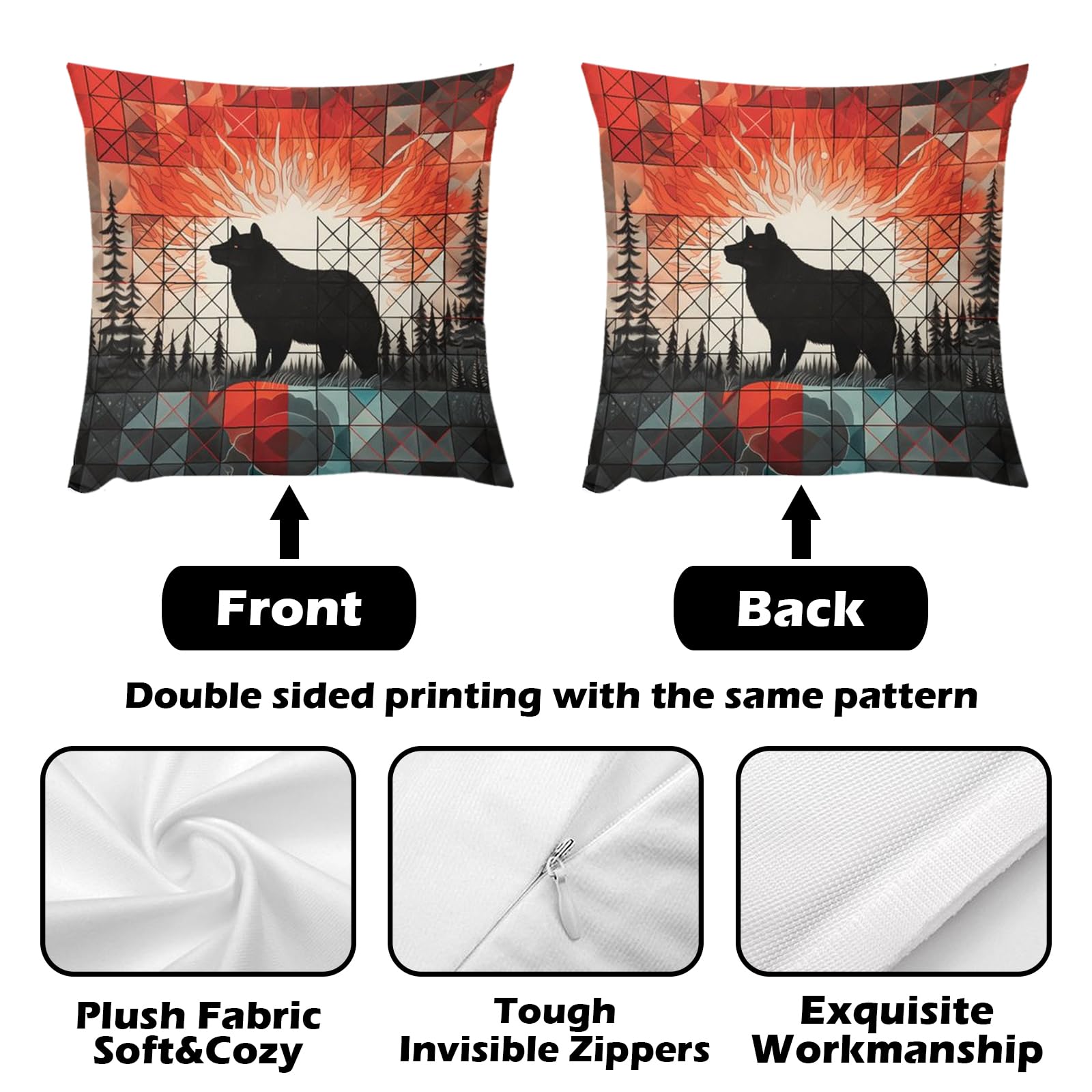 ITFRO Set of 2 Bear & Deer Plush Throw Pillow Covers - 18x18 Inch Retro Forest Animal Farmhouse Decor for Sofa, Bed, Living Room - Nature Wildlife Bonfire Pine Tree Design - Perfect for Rustic Cabin, Lodge & Cozy Home Decor