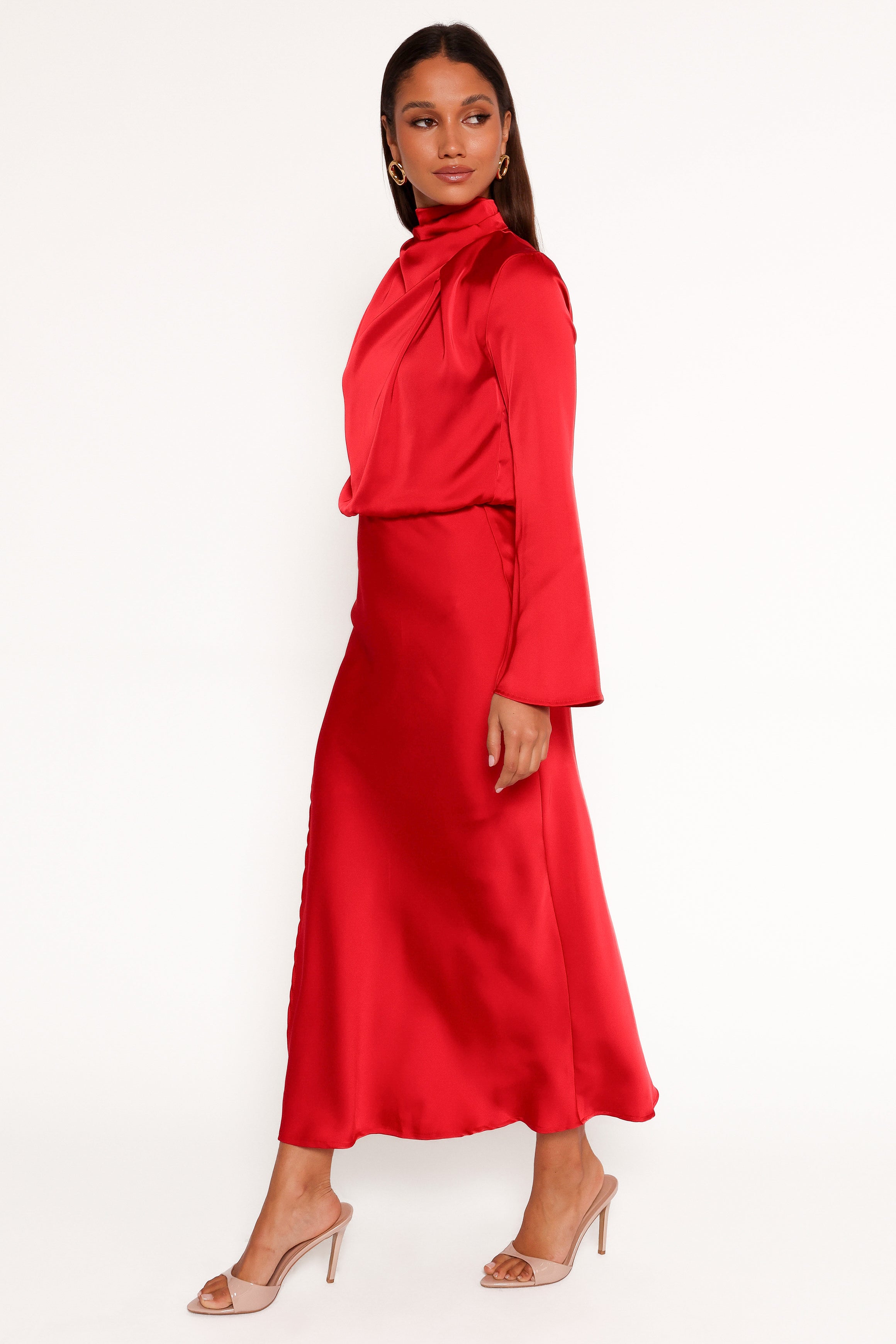 Kristyn Long Sleeve Midi Dress for Women - Elegant Red Flowy Dress for Fall & Winter - Perfect for Office, Date Night & Holiday Parties
