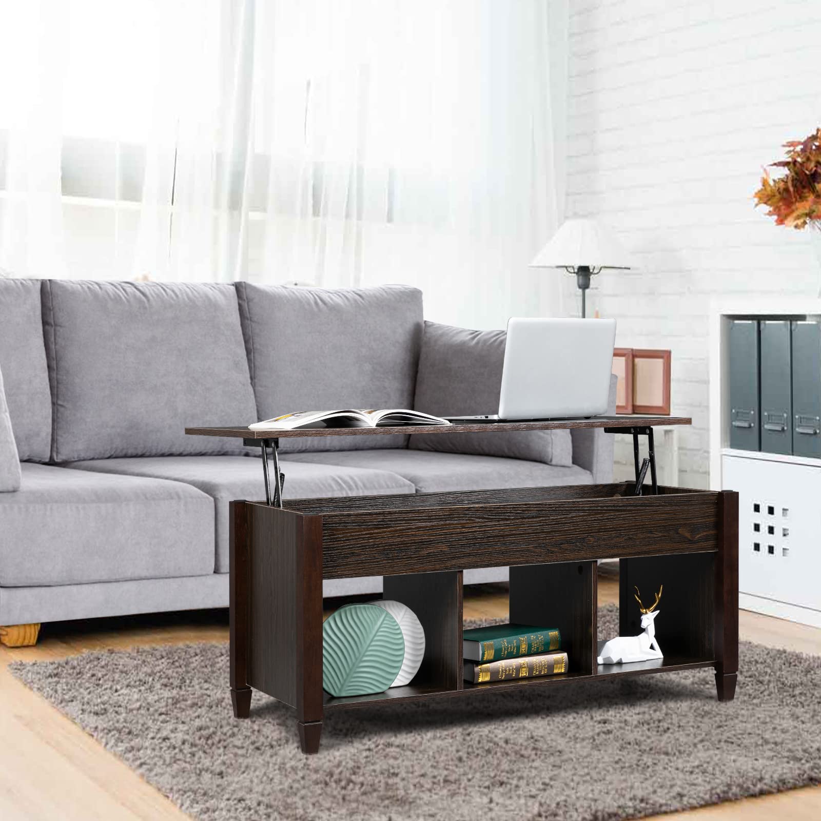 Lift Top Coffee Table with Hidden Storage - Modern Adjustable Wooden Center Table with 3 Cube Open Shelves, Raisable Top for Living Room, Bedroom, Office - Espresso Brown