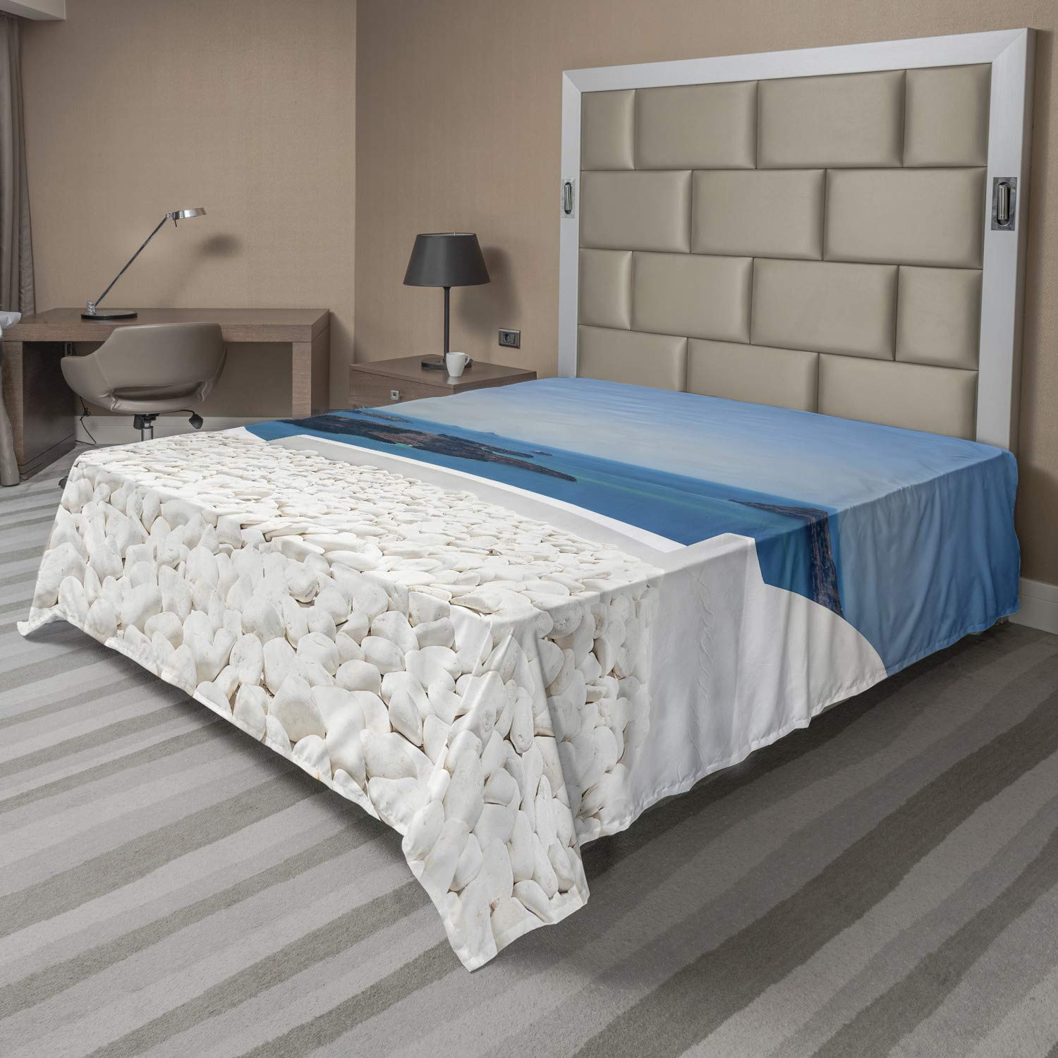 Ambesonne Travel Flat Sheet Queen Size - Santorini Island Greece Landscape with Sea Art, Soft Comfortable Top Sheet for Hotel & Home Decor (Turquoise & White) | Perfect for Guest Rooms, Vacation Rentals & Coastal Themed Bedrooms