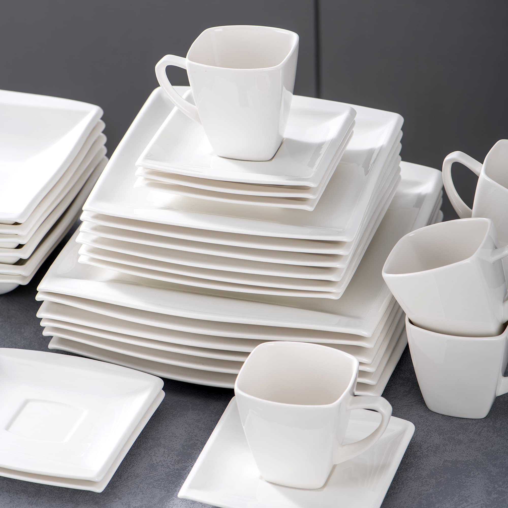 MALACASA 60-Piece Ivory White Porcelain Dinnerware Set for 12 - Square Plates, Bowls, Cups & Saucers - Modern Dining Ware Collection - Perfect for Family Gatherings, Dinner Parties & Restaurant Use