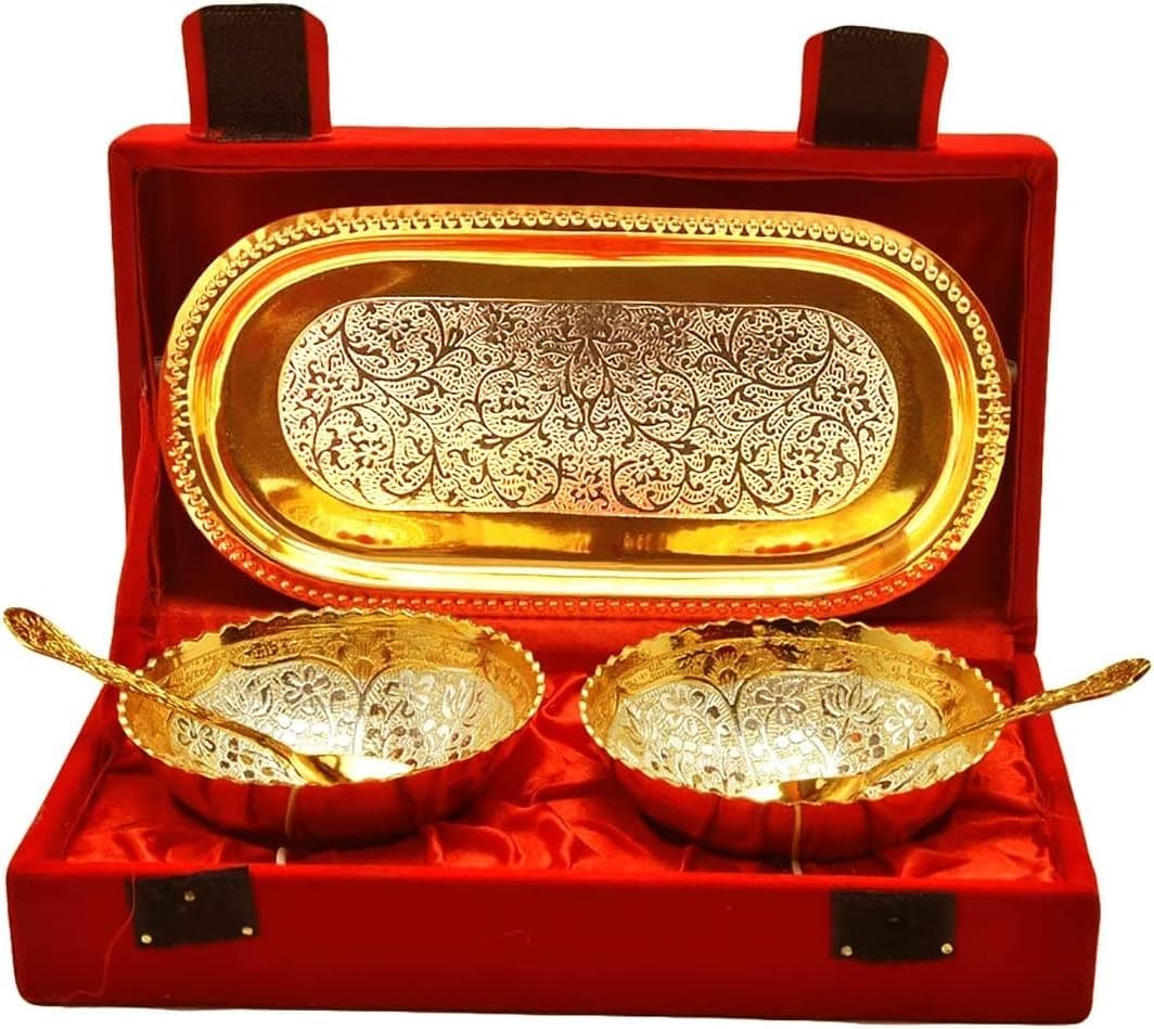 Premium Gold & Silver Plated Bowl Spoon Tray Set - Elegant 6-Piece Gift Set for Diwali, Housewarming, Wedding & Special Occasions - Perfect for Festive Dining, Home Decor & Thoughtful Gifting