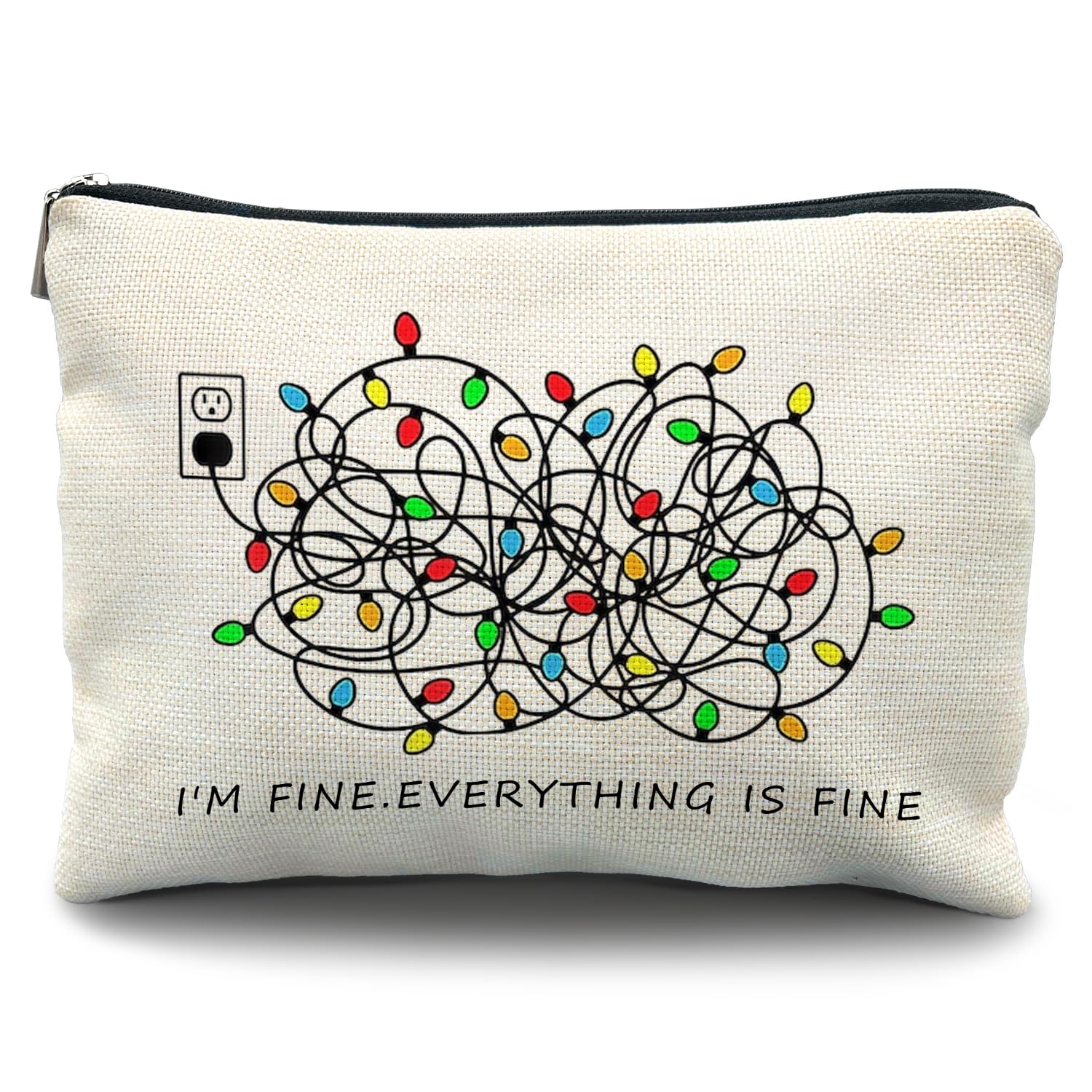 Daily Affirmations Makeup Bag for Women - Motivational Cosmetic Pouch with 'I'm Fine Everything Is Fine' Quote - Christmas Gifts for Her with Festive Lights Design (Perfect for Travel, Gym & Holiday Gift Giving)