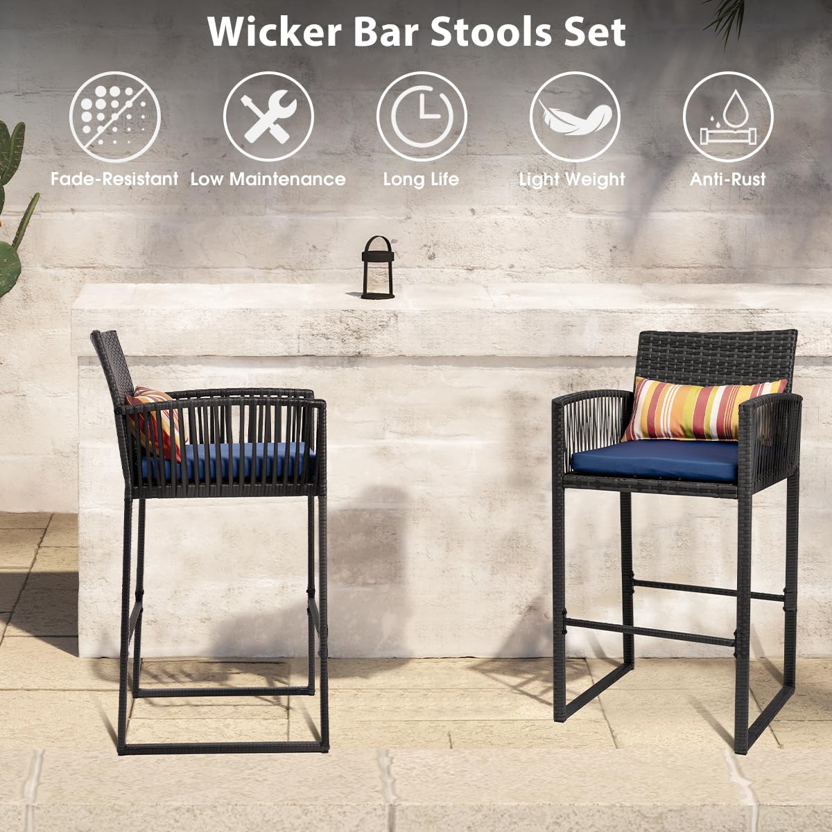 Sundale Outdoor Wicker Bar Stools - Patio Counter Height Charcoal Rattan Rope Stools with Back Rest, High Chair with Pillow & Navy Blue Cushion, All-Weather Armless Tall Pub Barstool for Backyard, Deck, Poolside, and Outdoor Dining