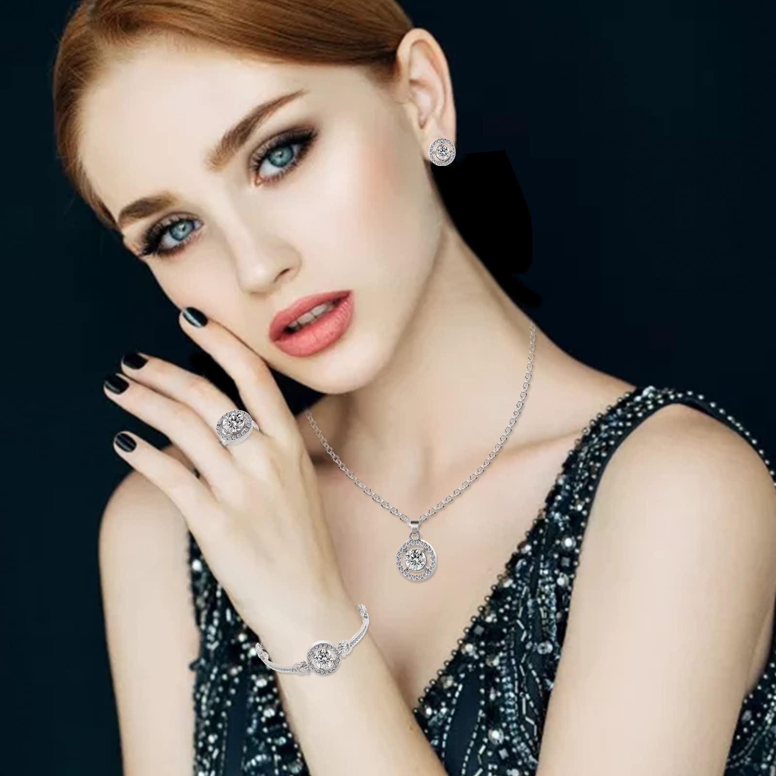 Yanvan Women's Rhinestone Jewelry Set - Necklace, Earrings, Bracelet & Ring in Silver | Elegant Gift for Birthday, Anniversary, Party & Wedding Accessories