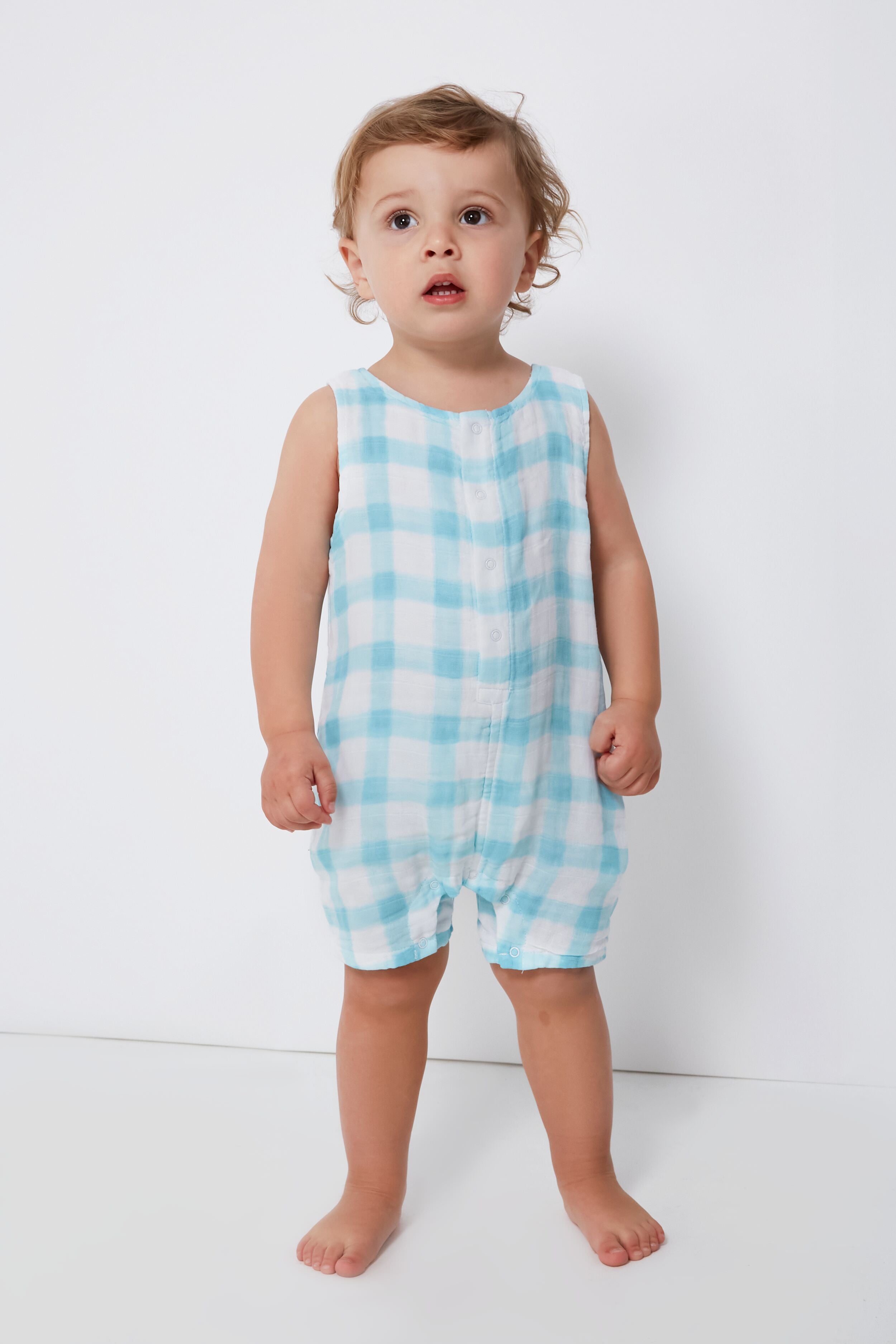 Blue Painted Gingham Shortie Romper for Women - Summer Casual Outfit, Beach Cover Up, Vacation Dress, Boho Chic Jumpsuit
