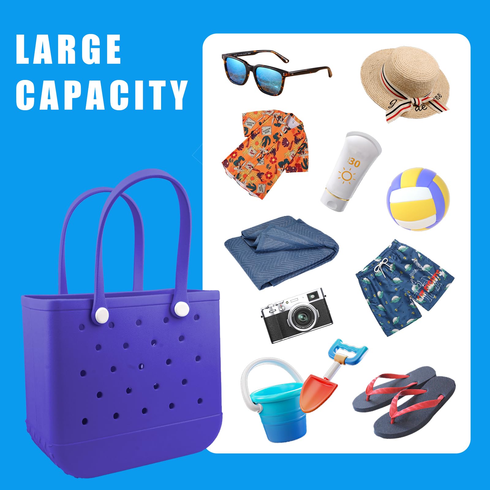 Waterproof Rubber Beach Tote Bag with Zipper Pocket & Phone Pouch - Durable Washable Open Purse for Women - Perfect for Pool, Boat, Beach Vacation & Summer Travel Accessories