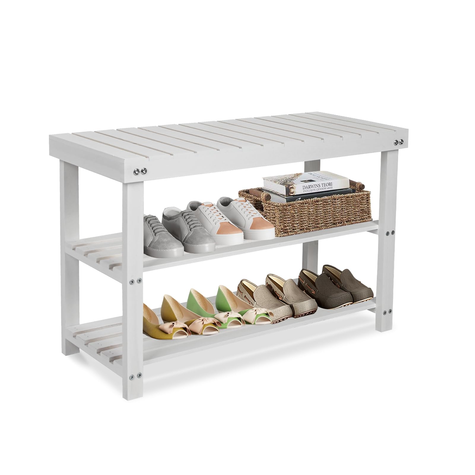 ECOMEX 3-Tier Wooden Shoe Rack Bench - Entryway Shoe Organizer with Storage Shelf for Bedroom, Balcony, Hallway - White (27.5
