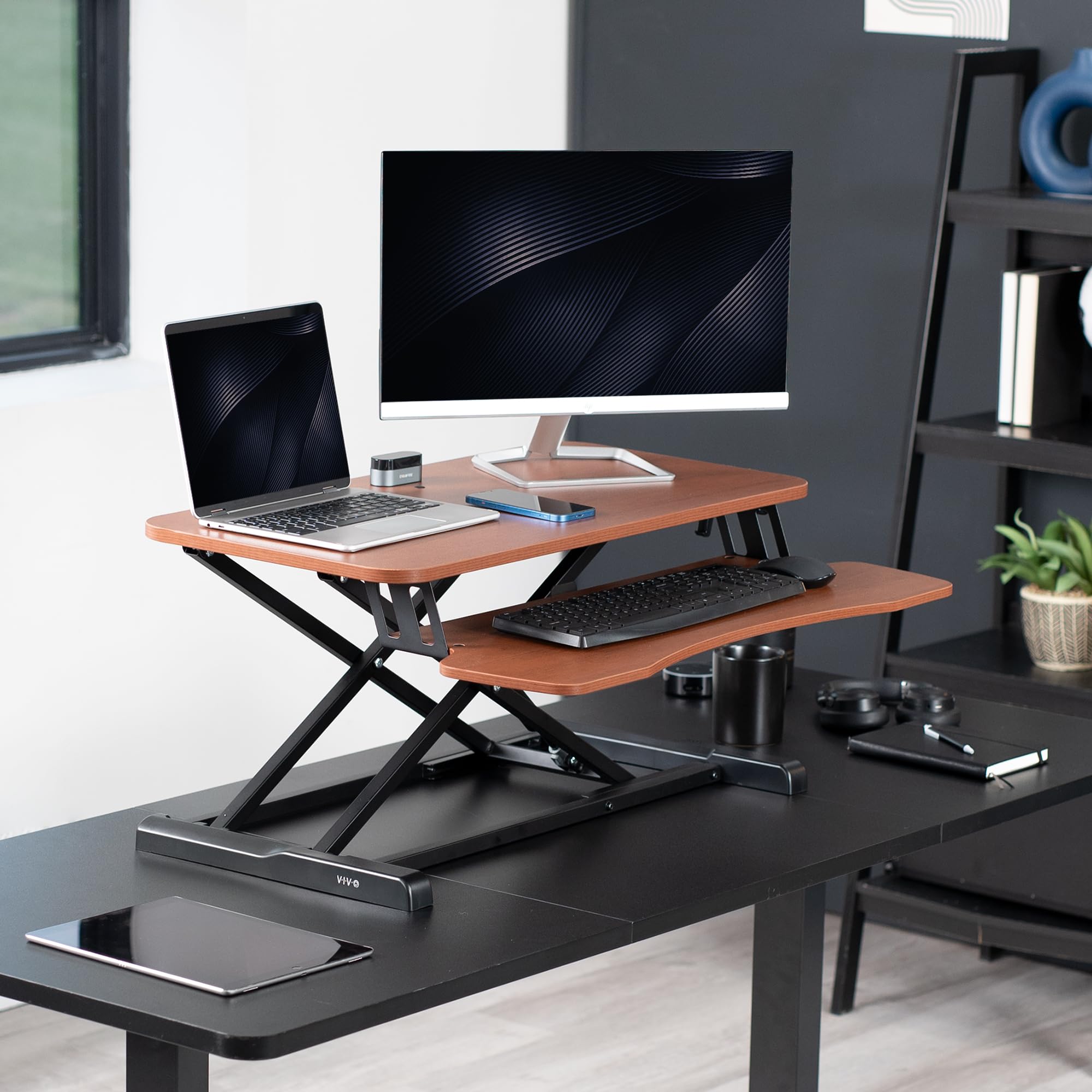 VIVO 32 Inch Height Adjustable Standing Desk Converter - K Series Sit Stand Riser with Wide Keyboard Tray, Dark Walnut Top & Black Frame - Dual Monitor & Laptop Workstation for Home Office & Gaming Setup