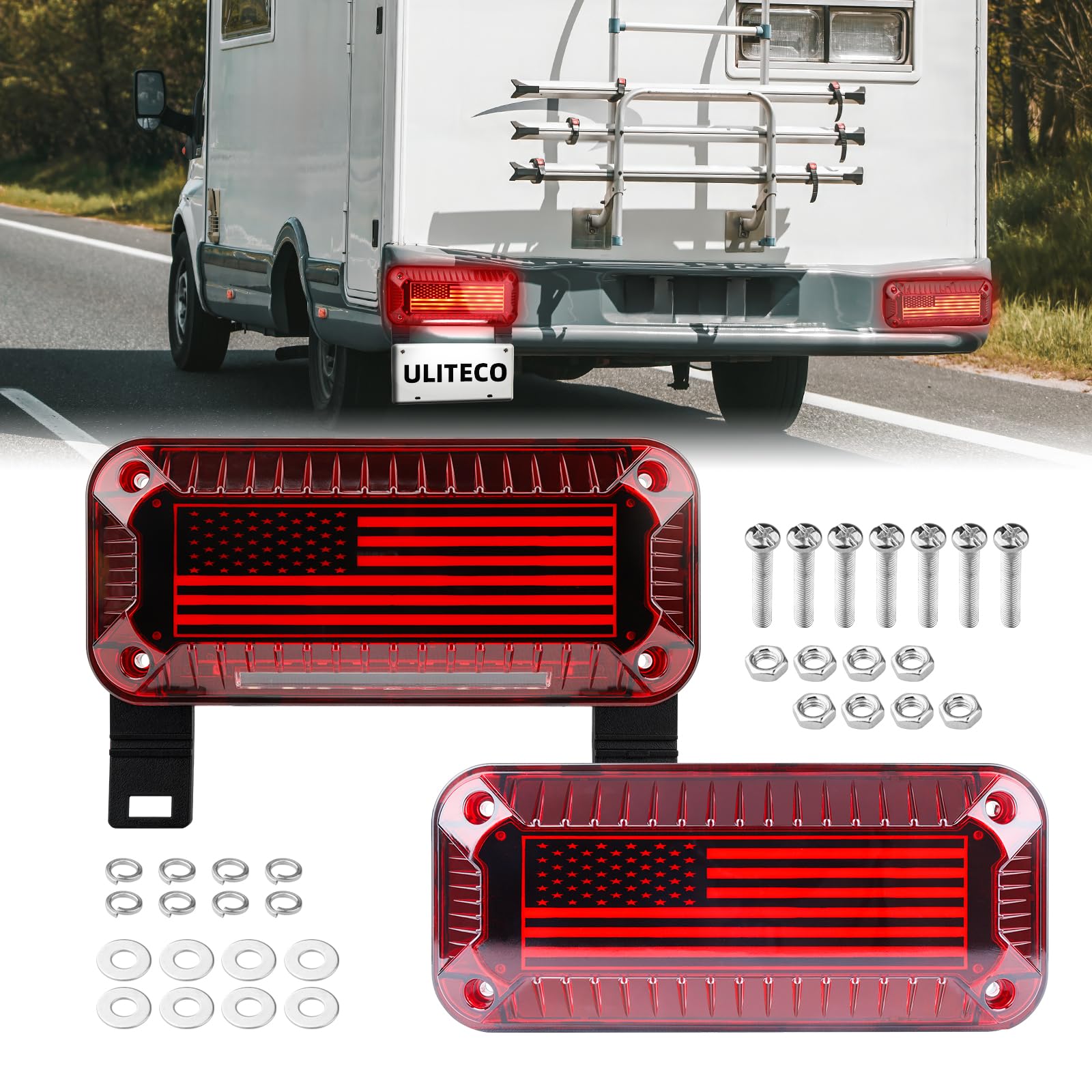 LED Trailer Tail Lights with American Flag Design - Waterproof RV Exterior Lights with Running, Stop, Brake & Turn Signals - Surface Mount (Left + Right 2PCS) for Trucks, Trailers & Campers - Perfect for Road Trips & Outdoor Adventures