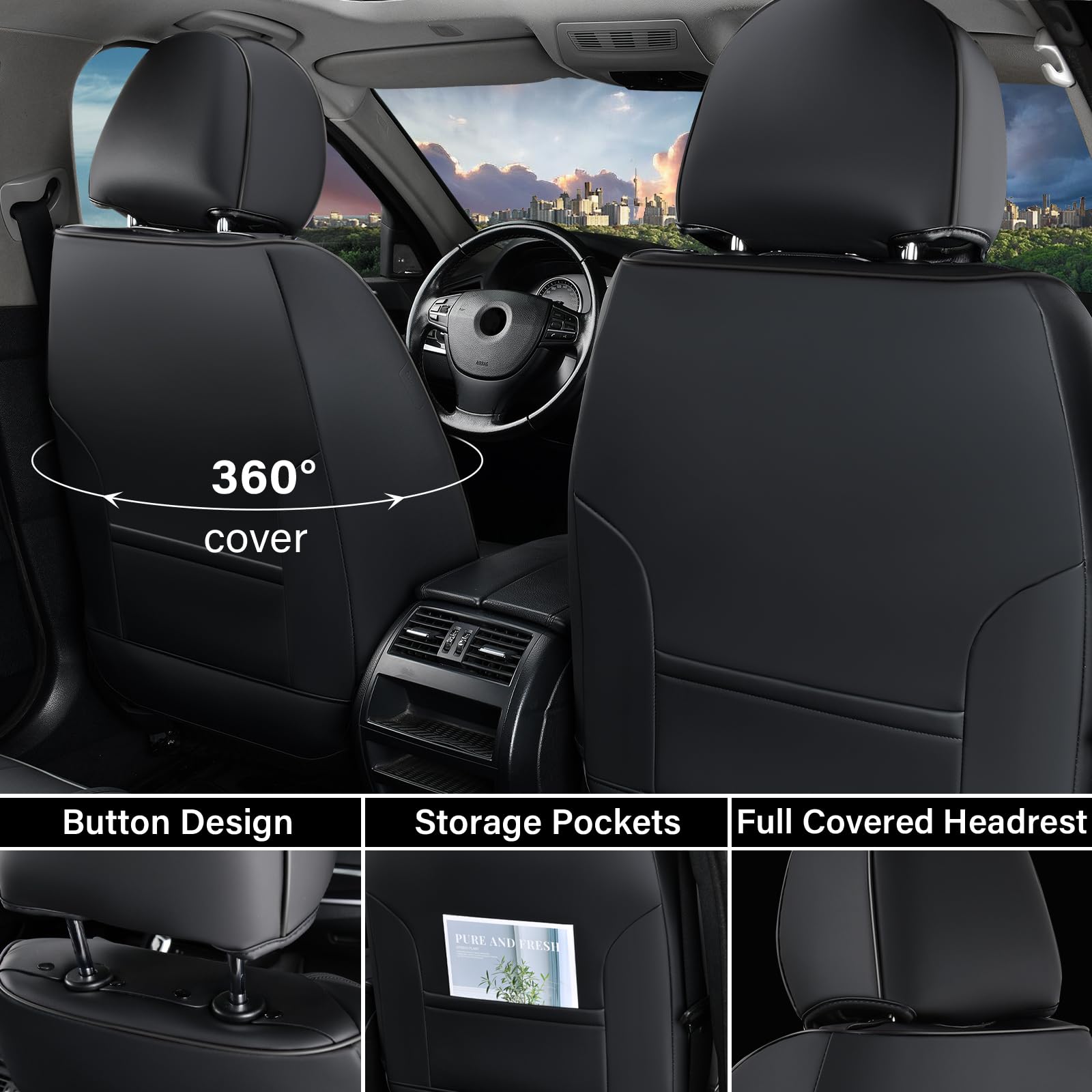 Premium Waterproof Car Seat Covers 2-Pack - Luxury Leather Front & Rear Seat Protectors for Most Vehicles (Black) | Durable Auto Seat Cushions for Daily Commute, Road Trips & Family Protection