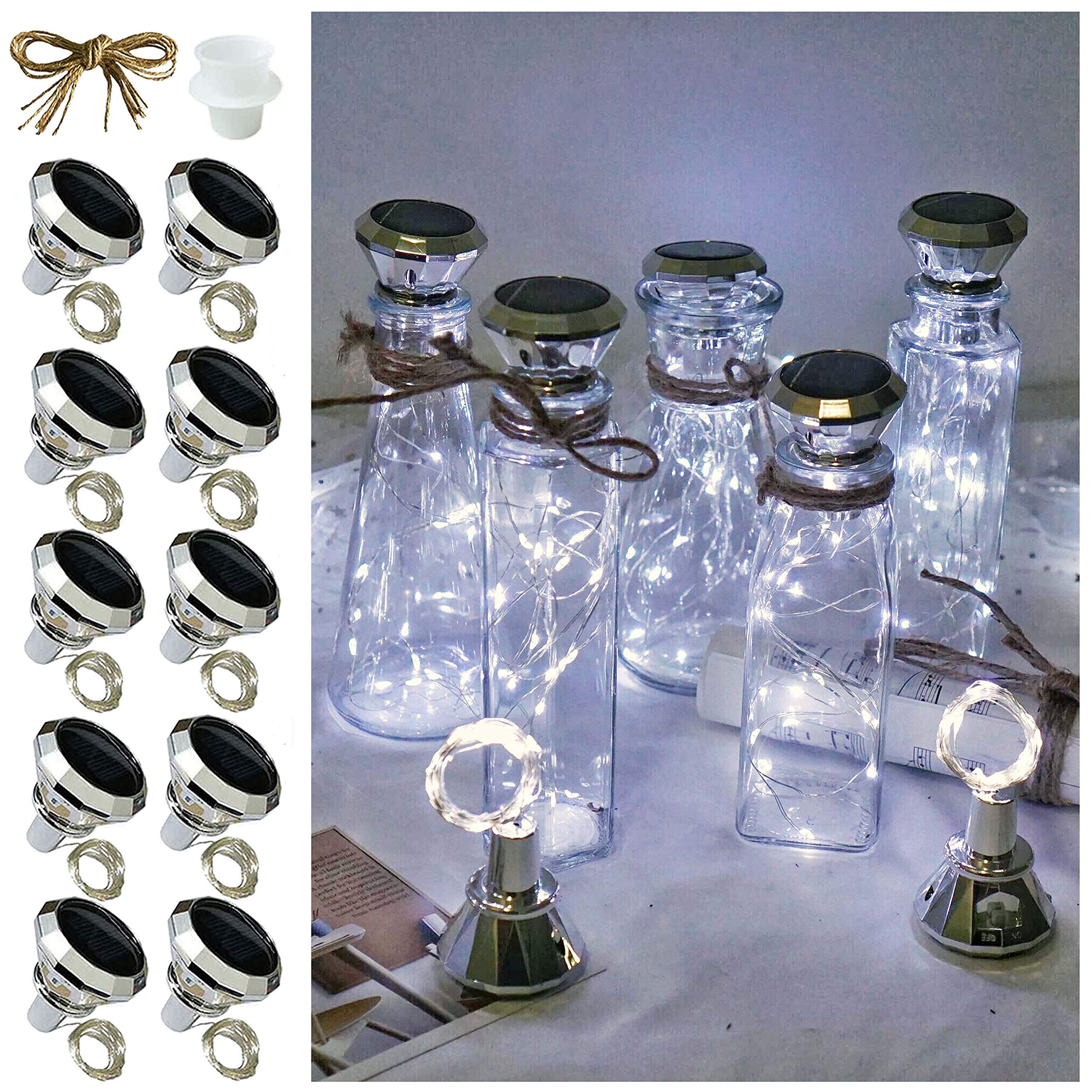 10 Pack Solar Wine Bottle Lights - 20 LED Diamond Cork Fairy String Lights, Waterproof Outdoor for Garden, Wedding, Patio (Cool White) - Perfect for Romantic Evenings & Outdoor Decor